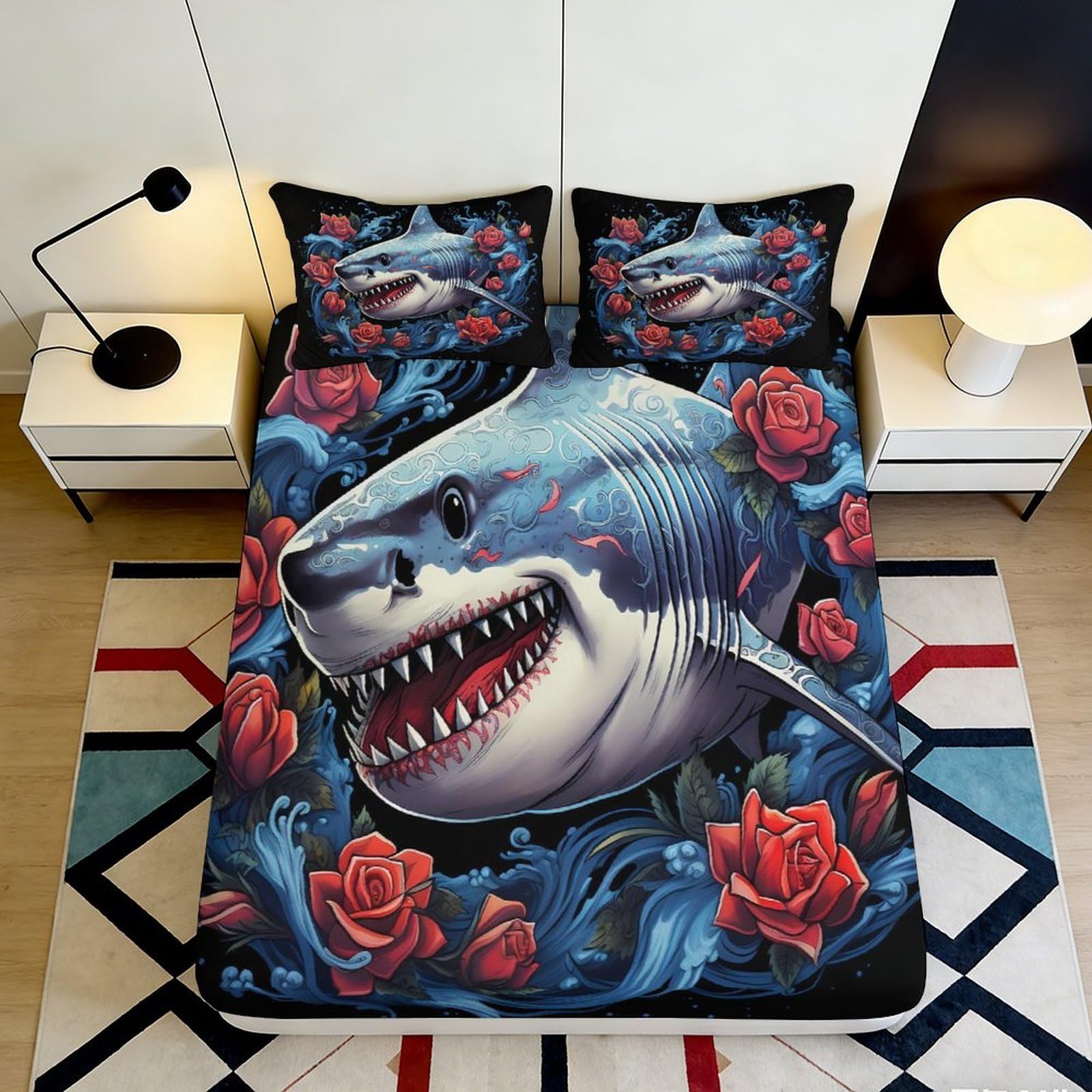 Pnayamiorkfel Style-8 3D Printed Shark Rose Fitted Sheet Microfiber Artistic Bed Cover For Bedroom Guest Room Easy Care Decor 90X200x25cm
