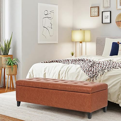 Miniatura 2 de Homebeez Banco otomano de almacenamiento de 51 pulgadas, reposapiés de piel sintética para sala de estar y dormitorio (naranja oscuro)