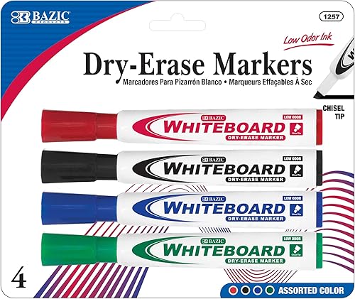 BAZIC Products Marcador de borrado en seco con punta de cincel de colores surtidos, rotulador de pizarra blanca, marcadores de bajo olor, bolígrafos