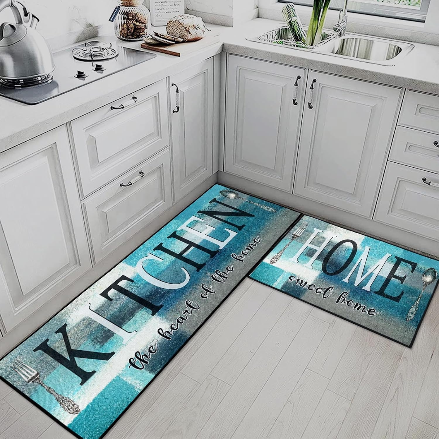 Teal Turquoise Kitchen Rugs and Mats Non Skid Washable Set of 2, Abstract Oil Painting Abstract Vintage Floor Mats, Sweet Heart Home Runner Rug, Kitchen Decor
