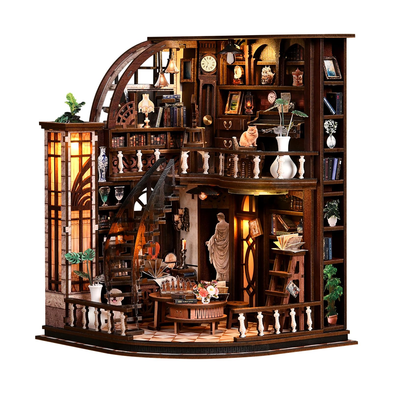 Tecnock DIY Miniature House Kit for Adults & Teens, Grand Bookstore Scene Mini House Decor with LED, 3D Wooden Puzzle Gift for Book Lovers & DIY Fans (Bacchus Bookstore)