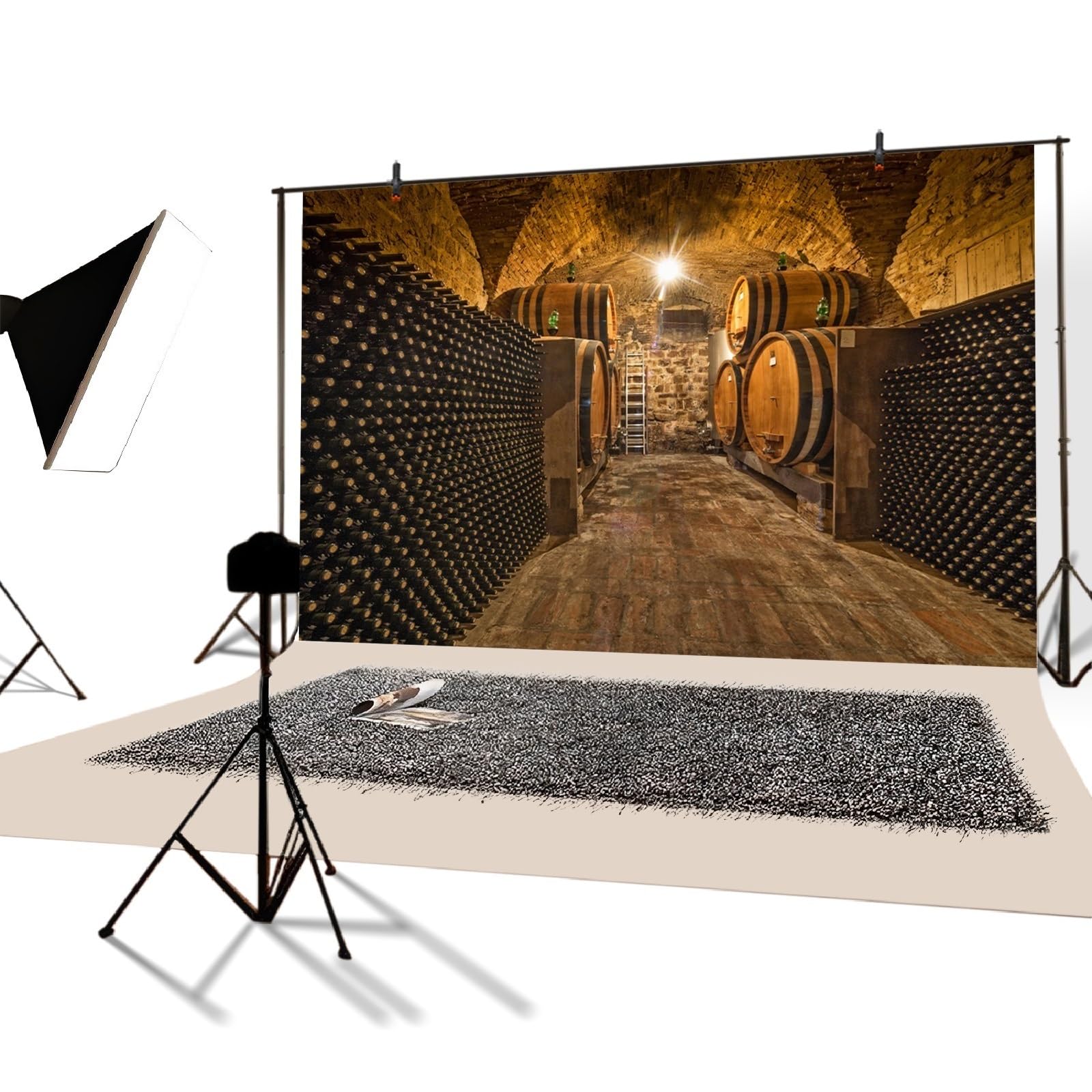YongFoto 3,5x2,5m Vinyle Photographie Toile de Fond Cave ?vin souterraine Barils en ch?e Bouteilles ?Helle Plancher de Bois Grunge Fond de Studio Photo vidéo Photo Shooting