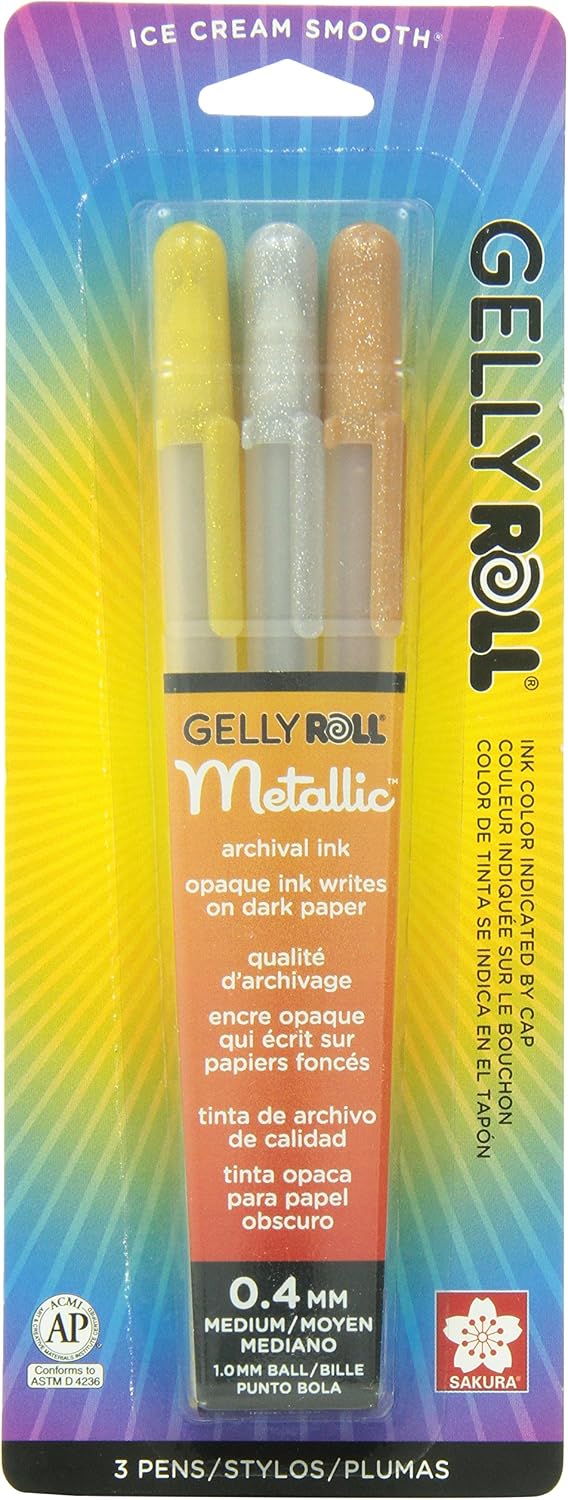 Sakura 57387 3-Piece Gelly Roll Blister Card Metallic Gel Ink Pen Set, Assorted Colors