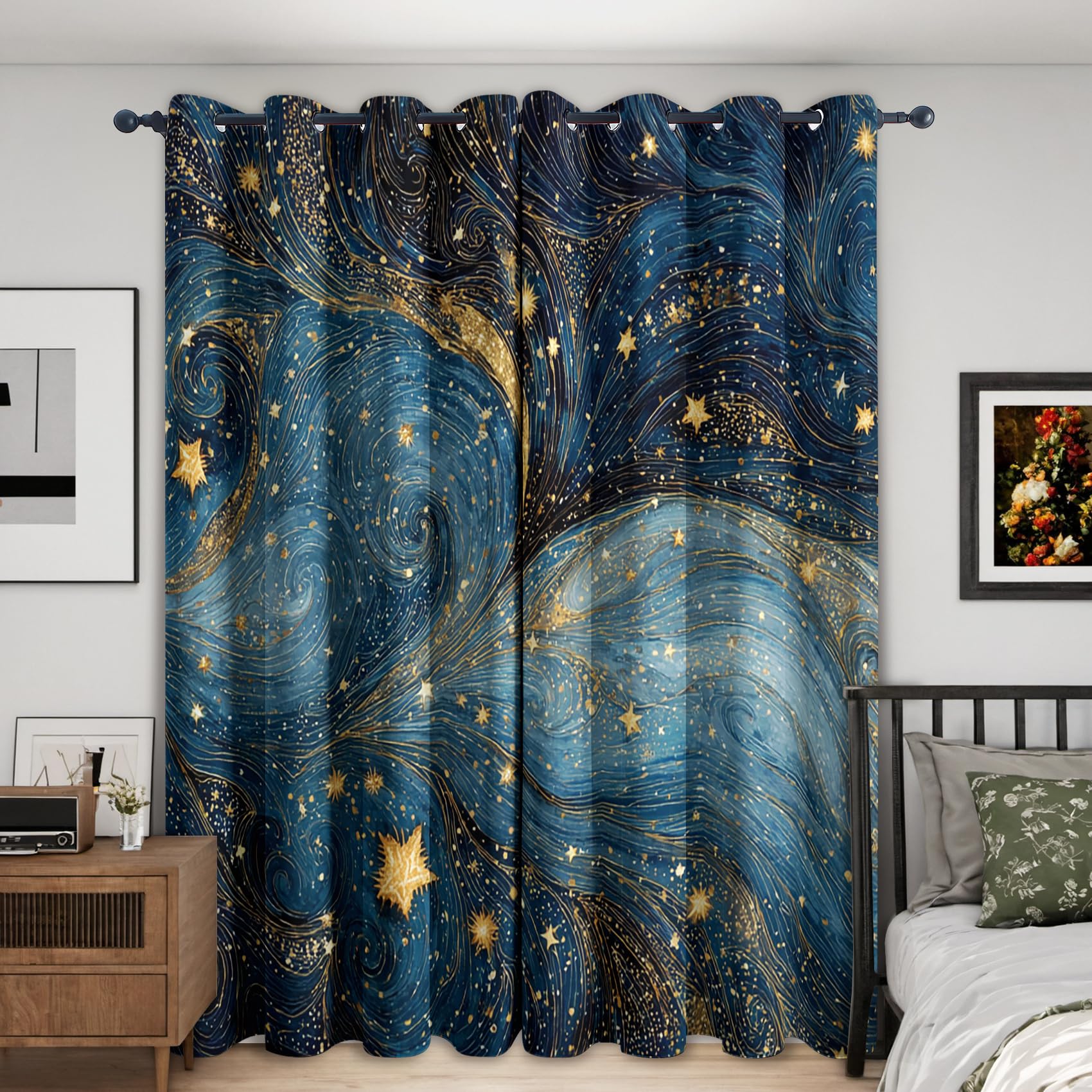 Generisch Sternenhimmel Vorhänge mit Ösen, 2 Stück H 166 x B 75 | Blackout Curtains, Blau Gold Fantasy Celestial Motiv, Thermo Blickdichte Gardinen, Schlafzimmer Wohnzimmer Deko E7997