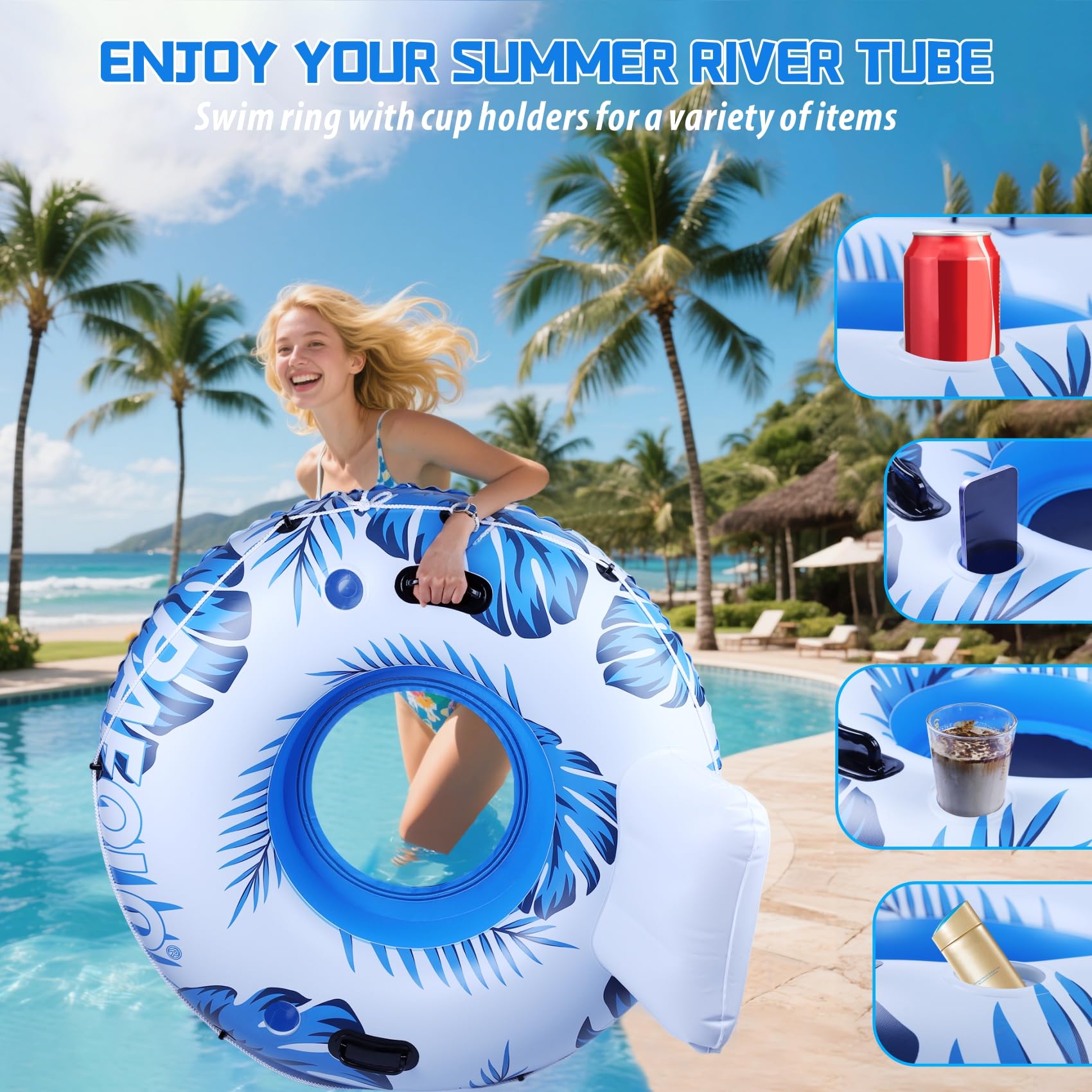 Aufblasbarer Pool Luftmatratze Schwimmsessel, Hochleistungs-Pool-Rohr, 135cm Erwachsene River-Tubes Sofa für Strand- und See-Rafting mit Netzboden, 2 Getränkehalter 2 Haltegriffe, Tragkraft 205kg