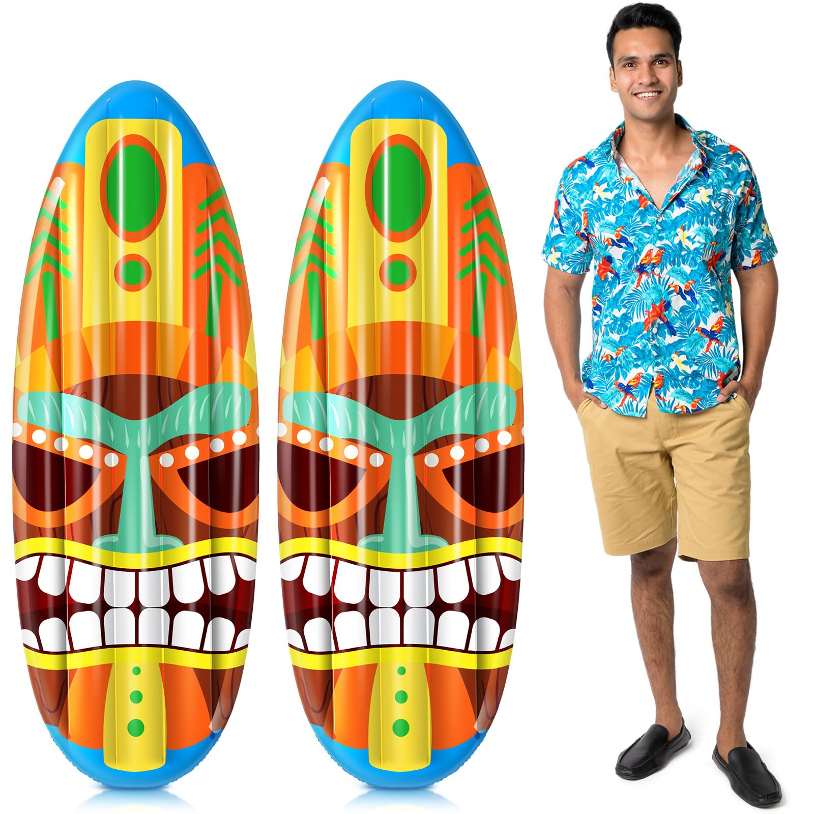 Hollowfly 2 Pcs Tiki Inflatable Surfboard Hawaiian Surfboard Inflate 5ft Tropical and Luau Party Decorations Inflatable Pool Toy for Summer Beach Surf