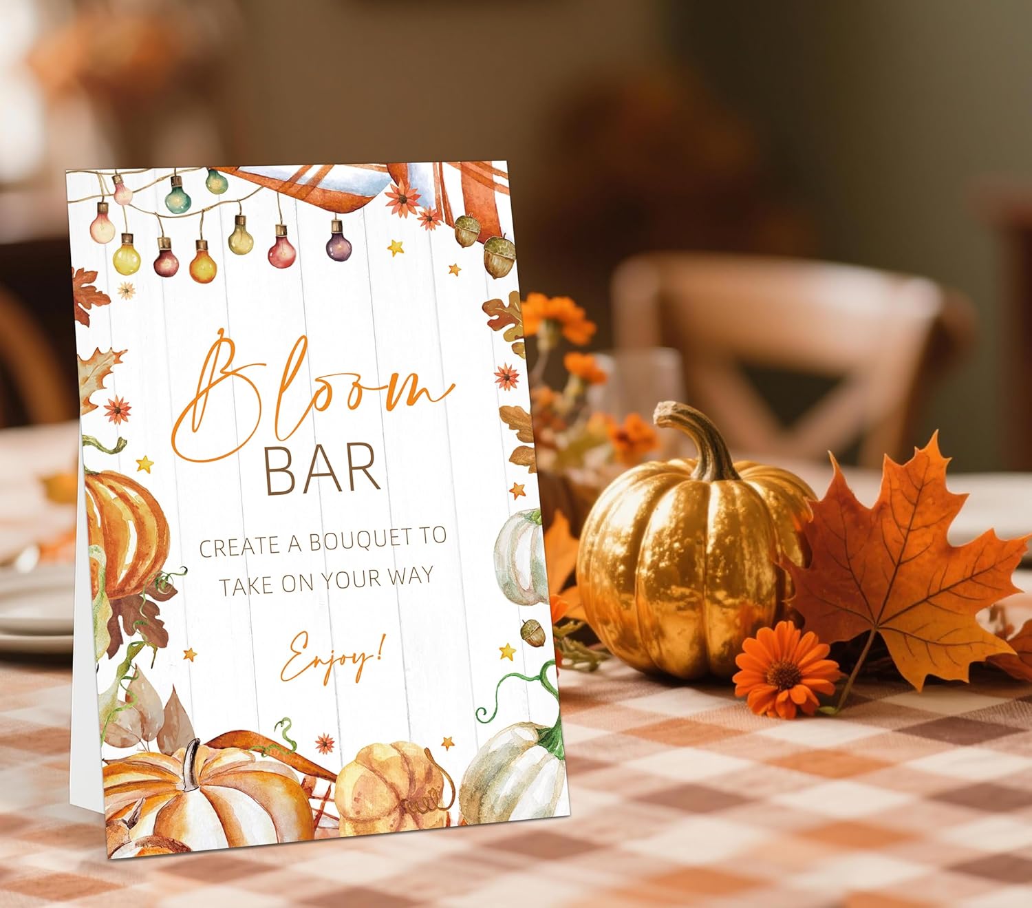 Fall Wedding Decorations, Bloom Bar Sign, 8x11" Pumpkin Tabletop Sign for Reception Thanksgiving Dinner Bridal Shower Wedding Centerpieces for Tables, Floral Arrangements Flower Bar Supplies