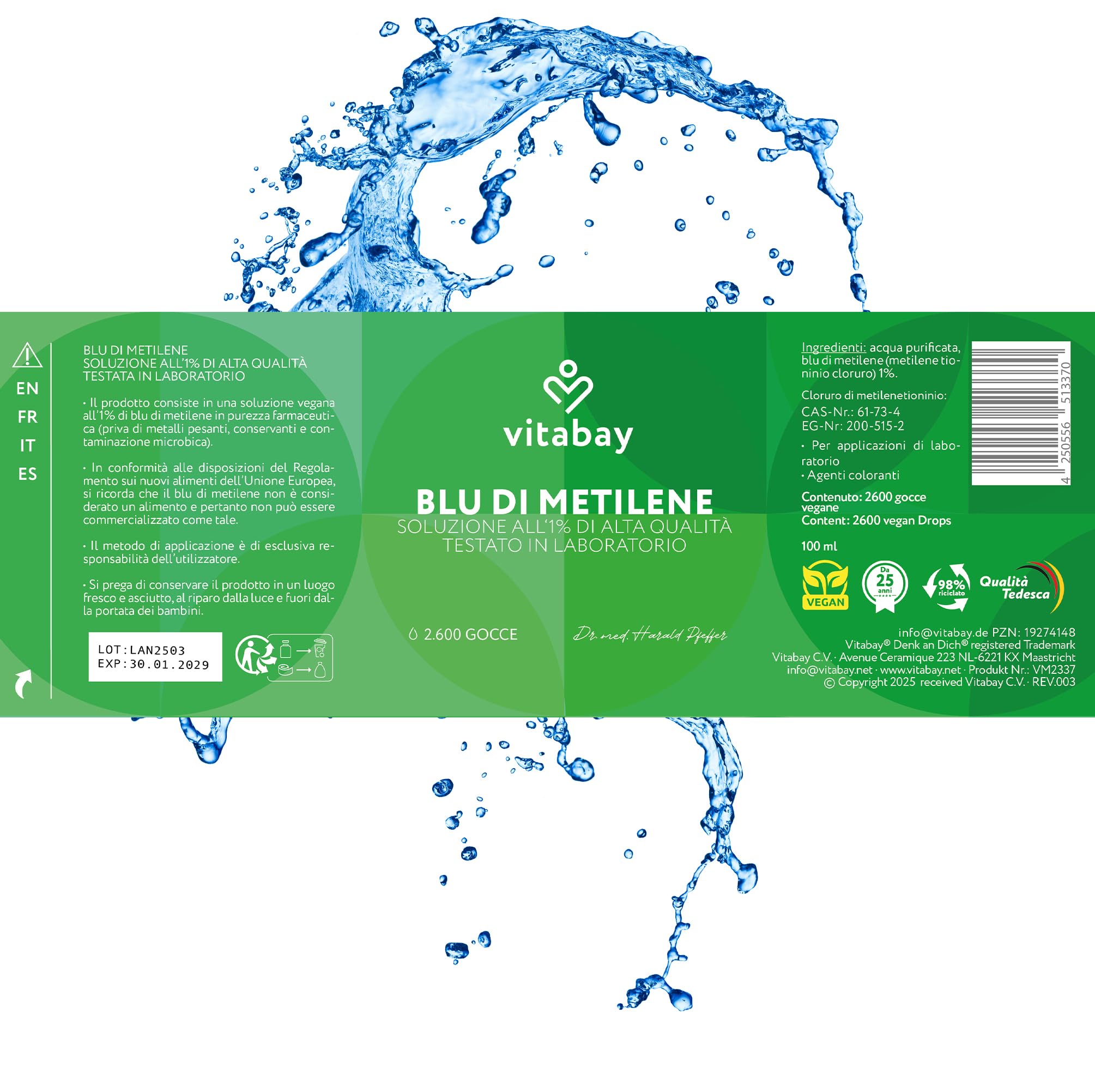 Vitabay Blu di Metilene 100 ml – Soluzione Methylene Blue all’1% Qualità USP Ad Alta Purezza