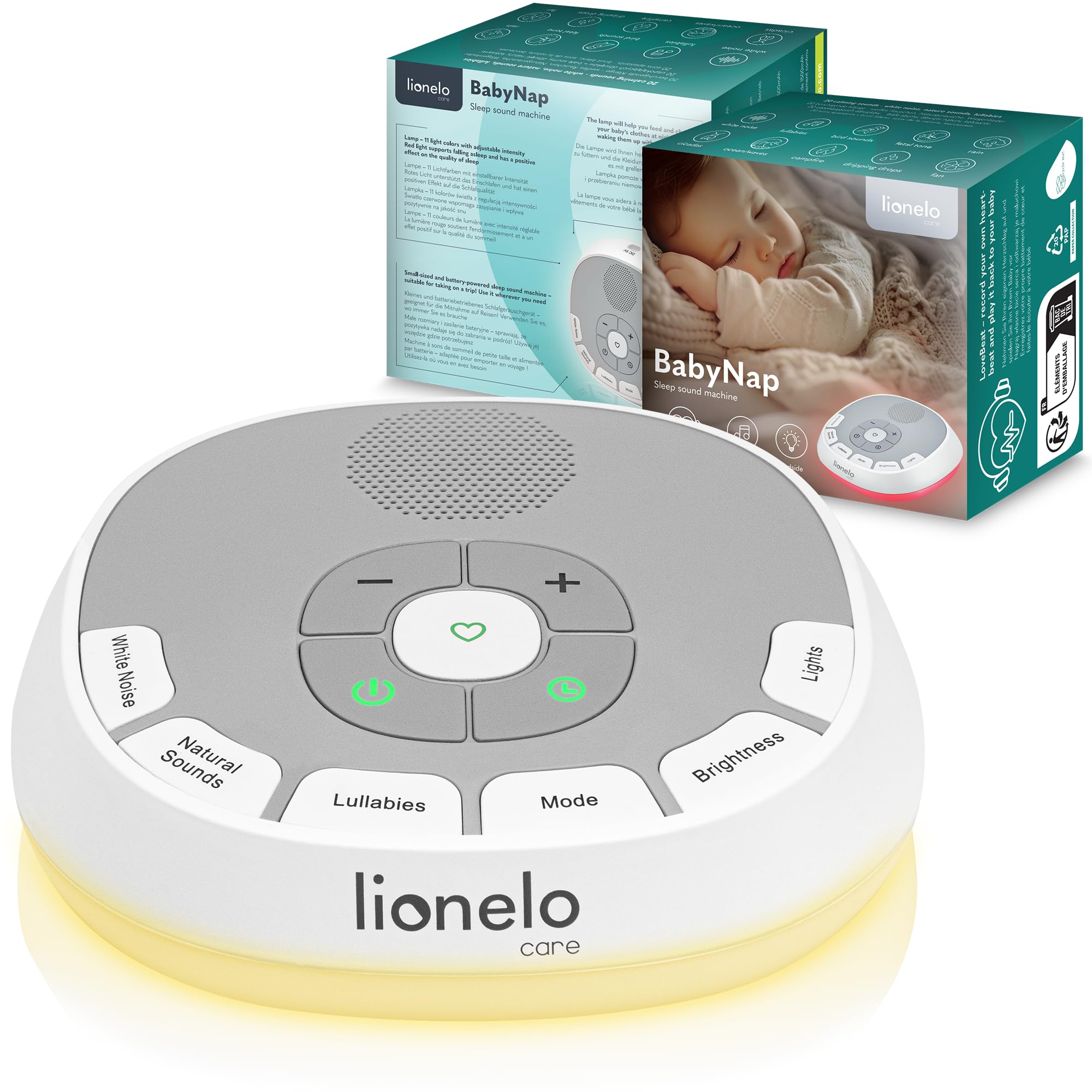 LIONELO BabyNap Przenośna Pozytywka do Usypiania Niemowląt 2 w 1 Lampka Nocna z 11 Kolorami Światła, 20 Dźwięków Kołysanki Szumy, Timer, Nagrywanie Bicia Serca Mamy Love Beat