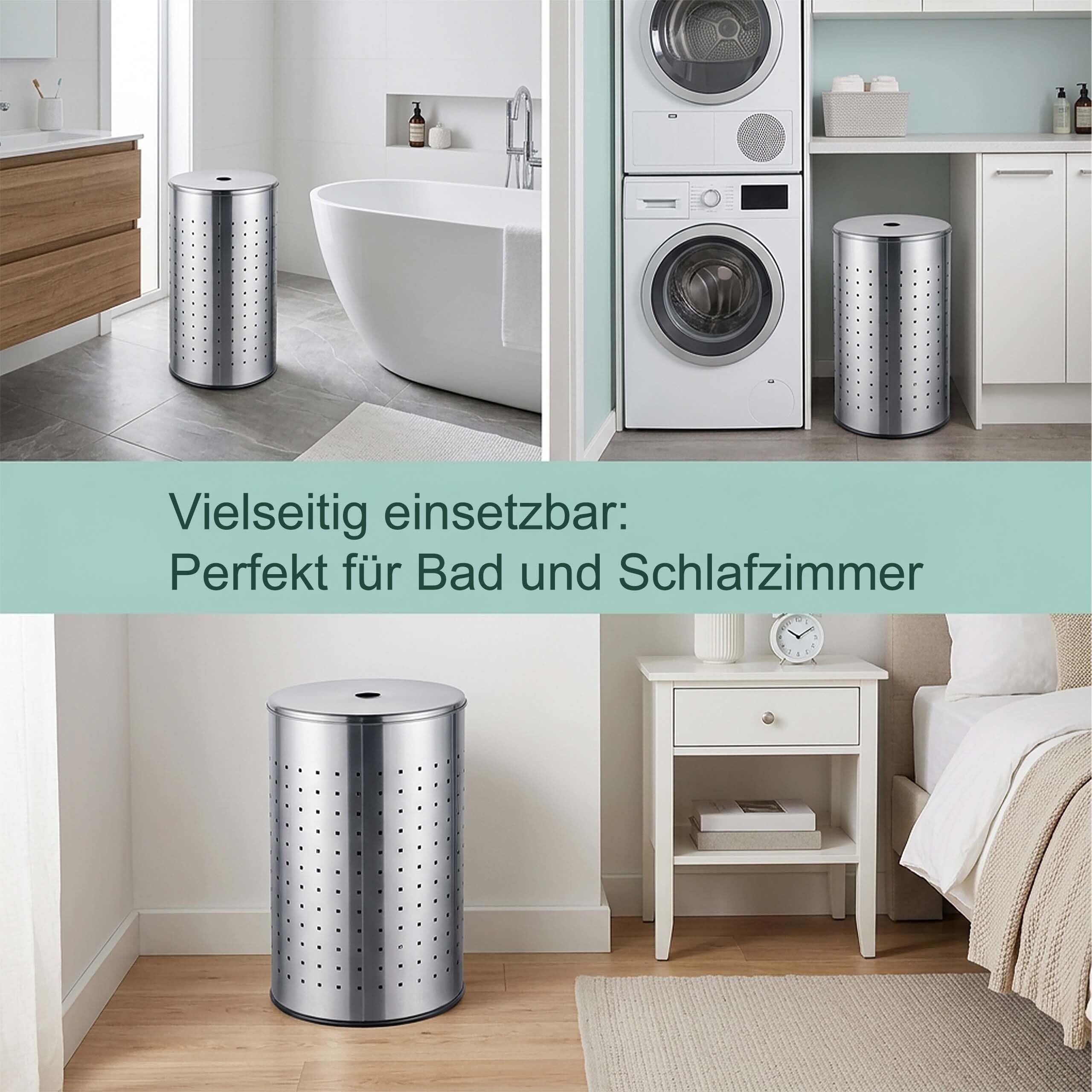 Relaxdays, Wäschekorb mit Deckel, Edelstahl, 42 l, HxD: 55 x 31 cm, Wäschesammler mit Löchern, Schmutzwäschekorb, silber