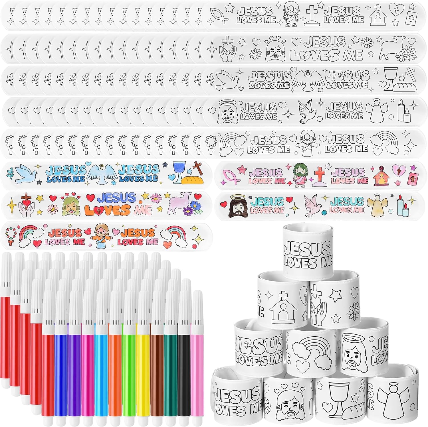 100pcs Jesus Loves MeColor Your Own Wristbands with 5 Packs 12-color Washable Watercolor Pens, DIY Religious Paper Bracelets for Easter Sunday School Church Vbs Party Favors