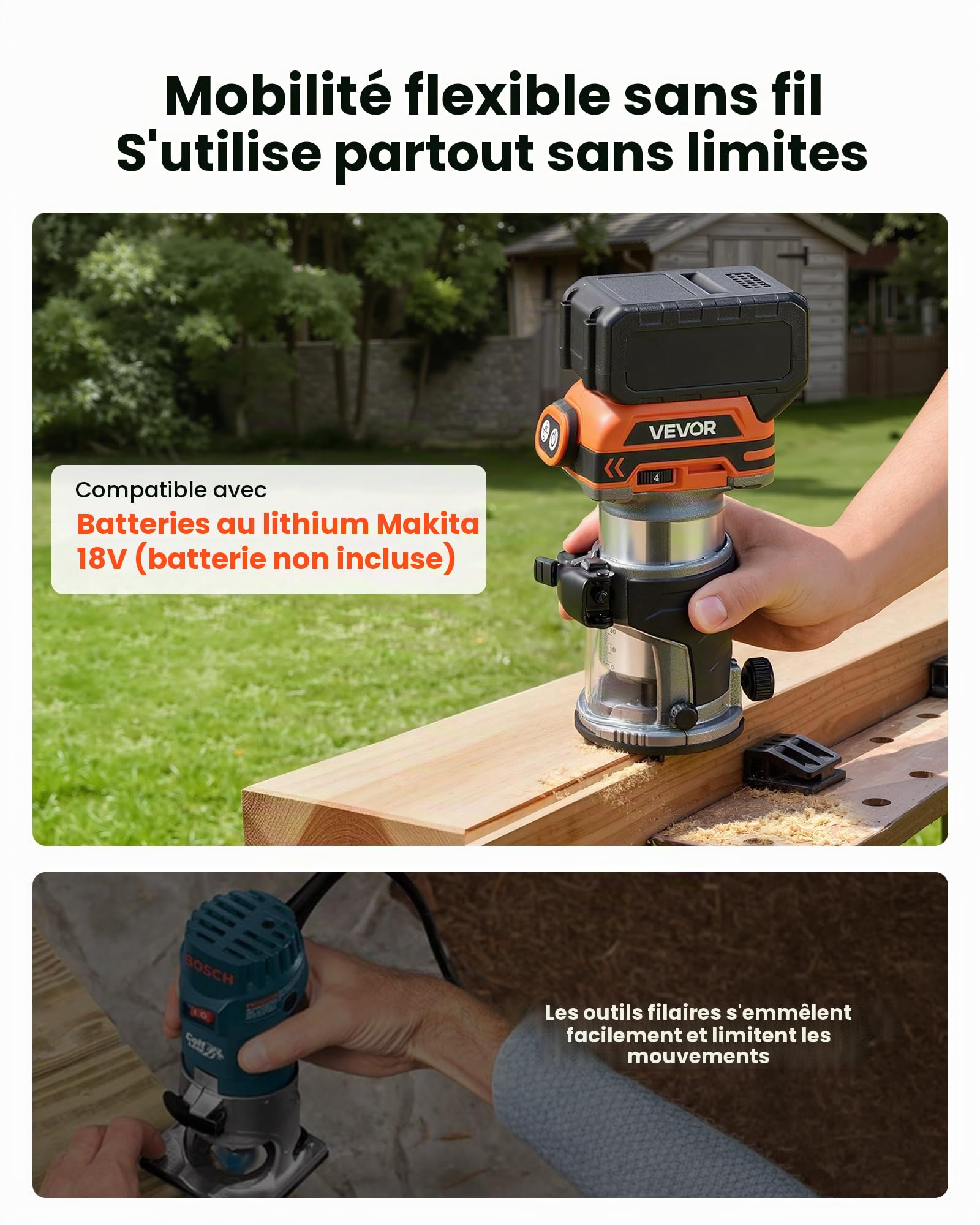 VEVOR Affleureuse sans Fil Moteur sans Balais Défonceuse Compacte 6 Vitesses Variables pour Travail Bois, Compatible avec Batterie 18 V Makita Non Incluse, avec Base Fixe, Capot d'Aspiration Poussière