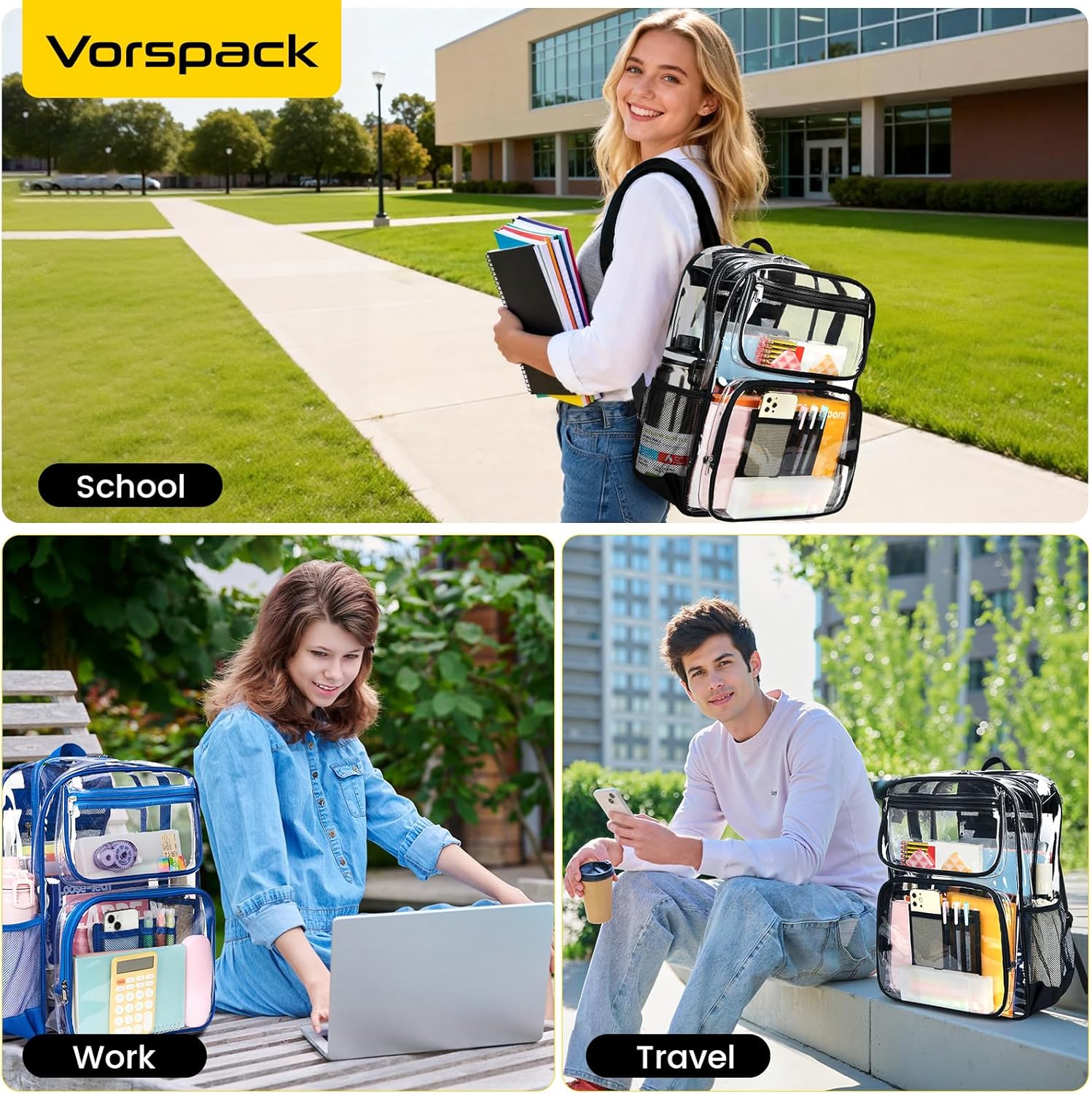 Vorspack Clear Backpack Heavy Duty - Extra Large See Through Bookbag for Girls Boys, Transparent Backpacks for School, College, Work, Travel - Black - Image 7