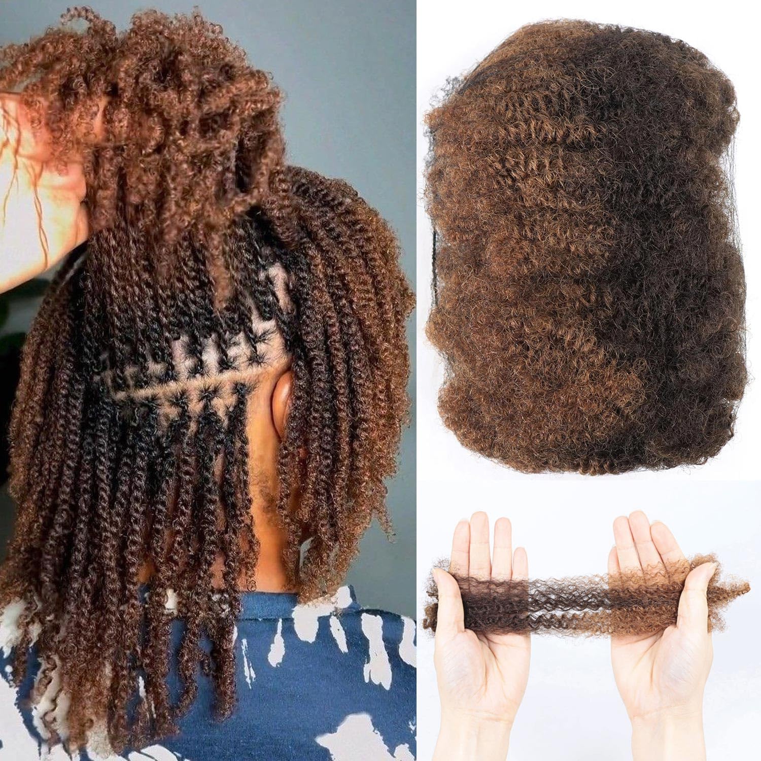 HAPPY&CC Afro Kinkys Bulk Human Hair For Dreadlock Extensions 10 Inches 50 Gram #4 Brown Color Ombre to #30 Auburn Red Afro Kinky Bulk Human Hair For