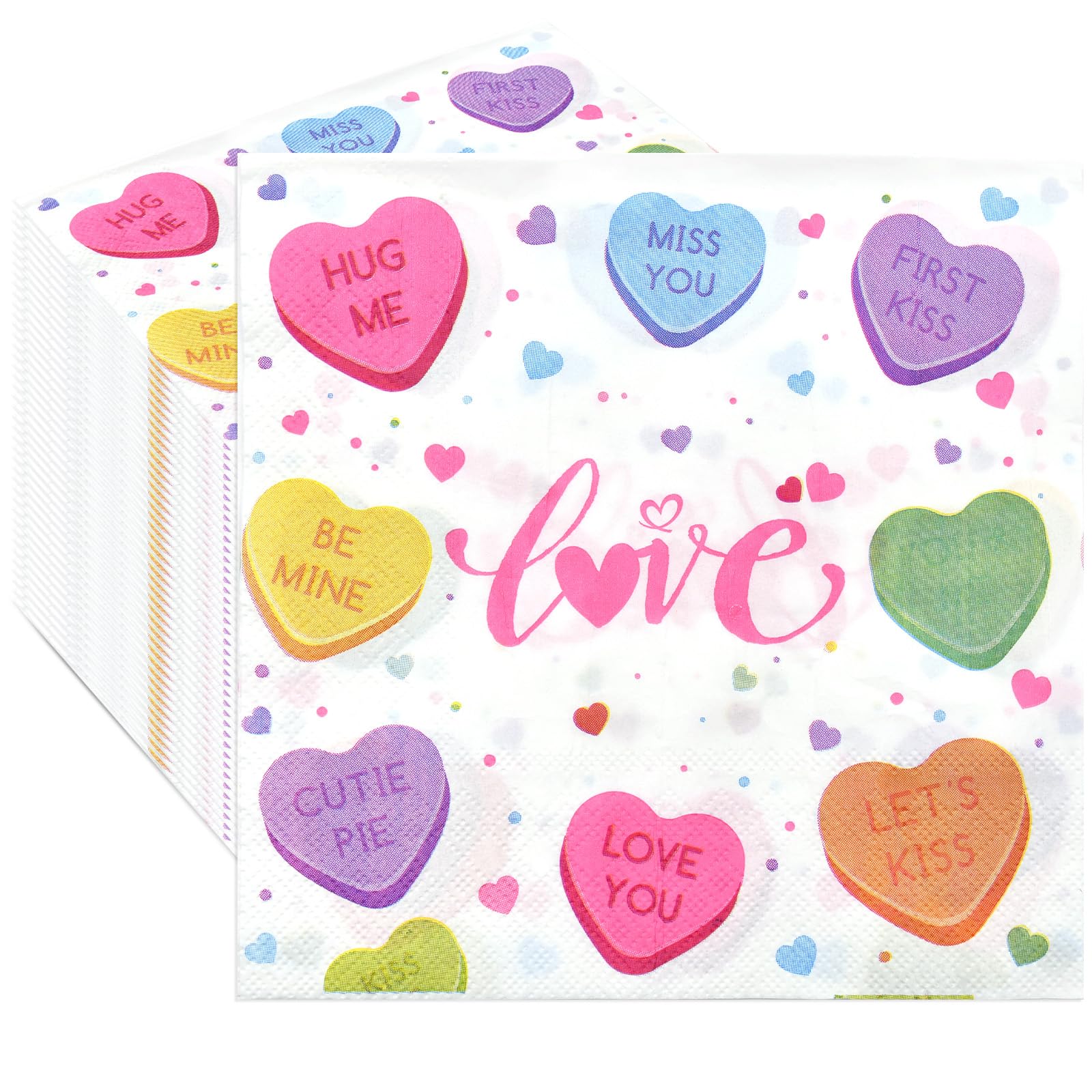 40 Pack Valentine’s Day Paper Napkins – 13 x 13 Inches Colorful Heart Love Message Disposable Serviettes Luncheon Cocktail Napkin Party Supplies for