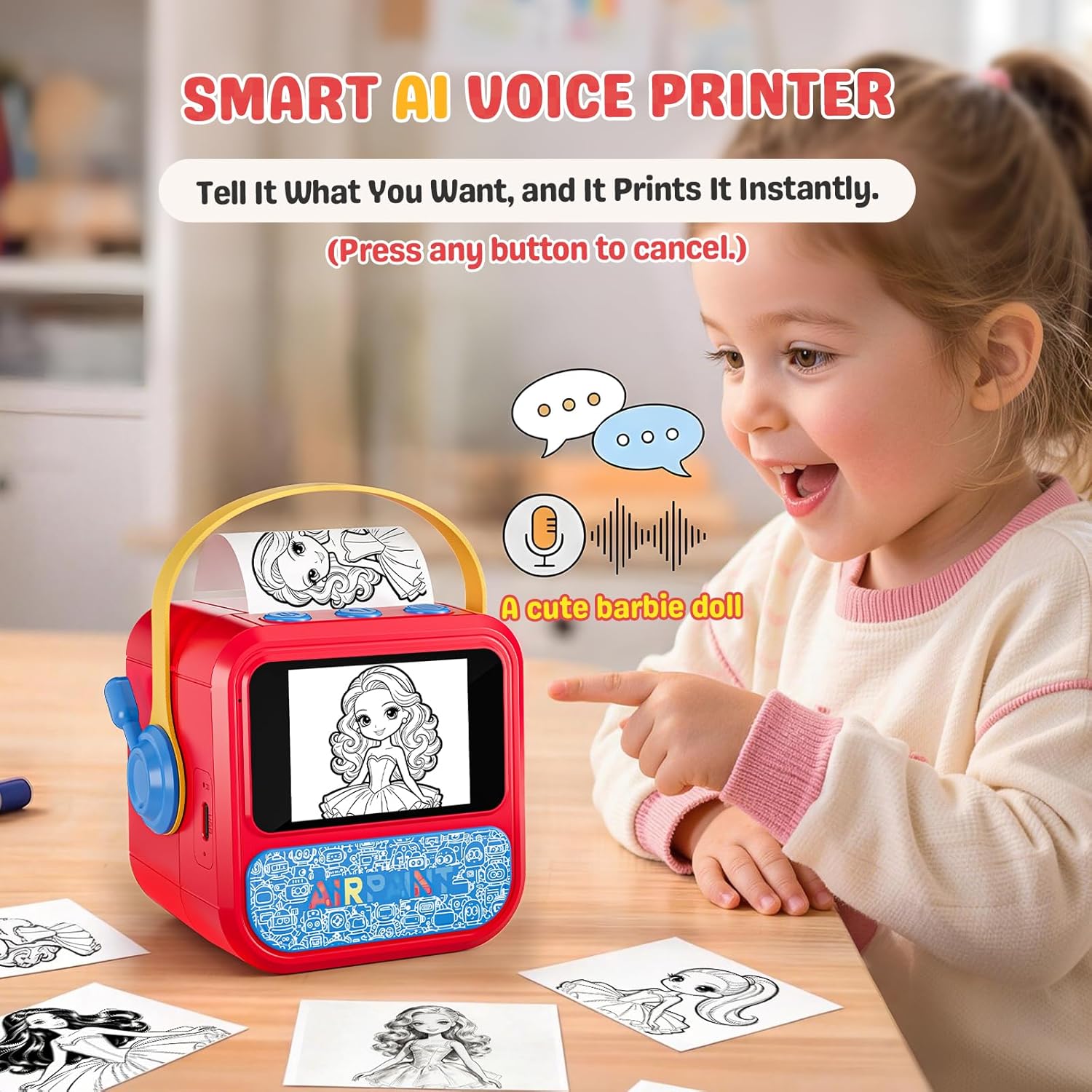 Sticker Printer AI Box Toy for Kids, HD AI Voice Story Printer, Portable Thermal Printer with 2.4inch Display, 6 Modes, Cancel Function for Home, Office, Study & DIY Projects, 6 Rolls Paper Included