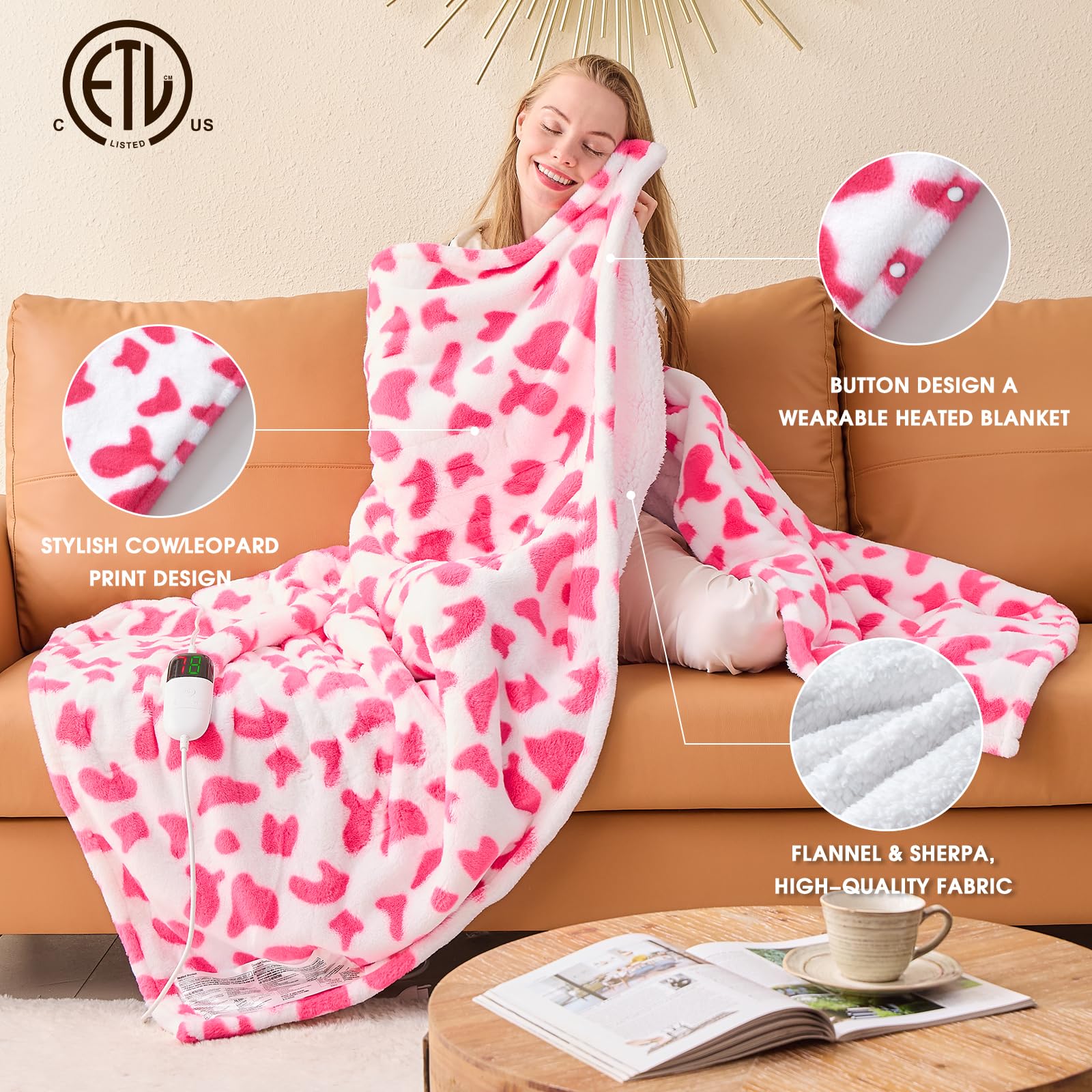 Pink Electric Heated Throw 50x60 Strawberry Cow Print Rabbit Faux