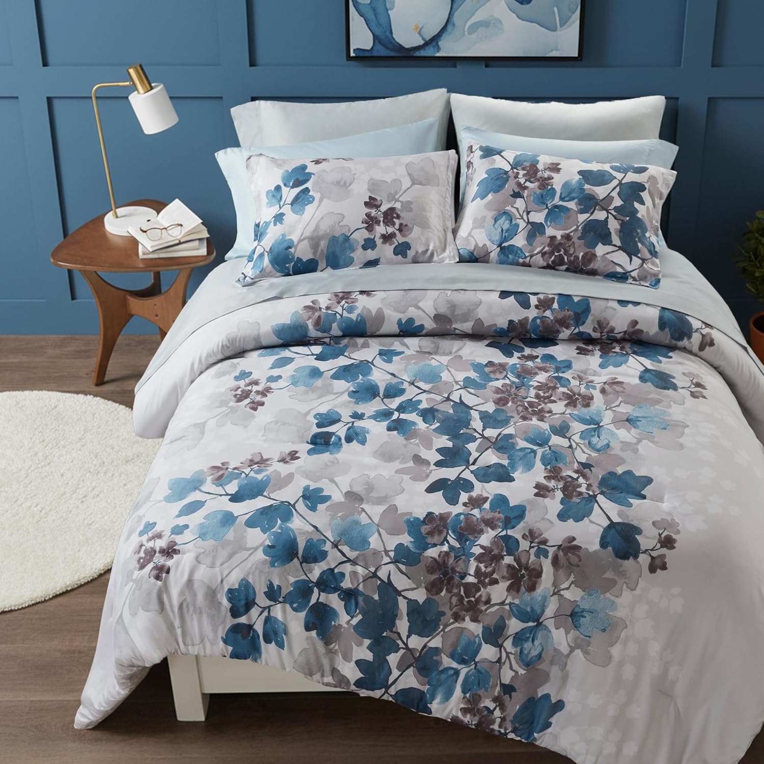 Full Comforter Set Blue Bed Set, 9 Pieces Cute Floral Bedding Set Ultra Soft Botanical Flowers Comforter, Sheets, Pillowcases & Shams