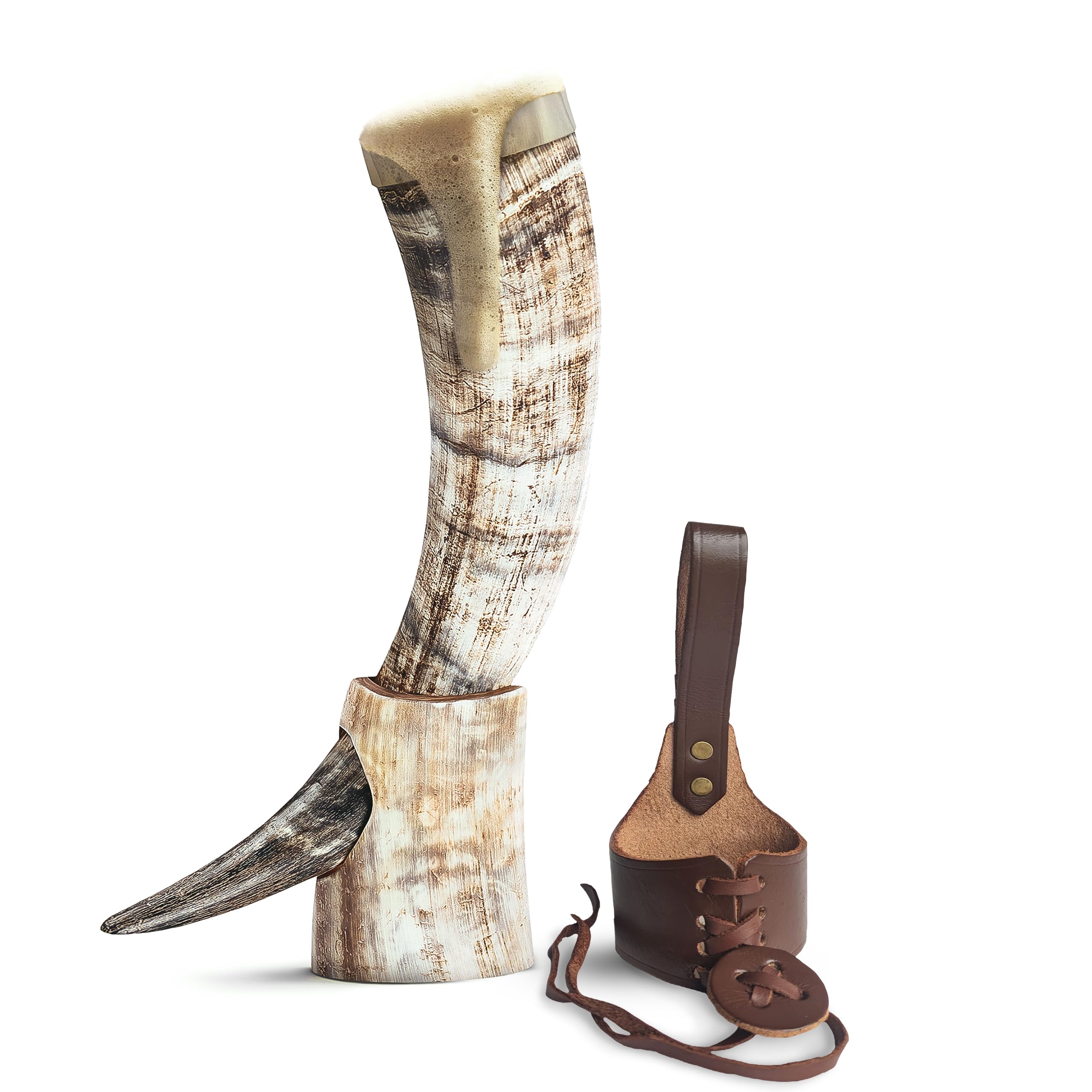Corno Da Bere Vichingo Fatto A Mano Con Supporto - Inciso Con Odino E Vegvisir, 35,5 Cm, Sicuro Per Alimenti
