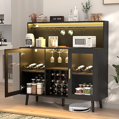 MAGIC UNION Gabinete de bar de vinos con luz LED, barra de café para licor, gabinete de alcohol con estante de vidrio y estantes de vino extraíbles,