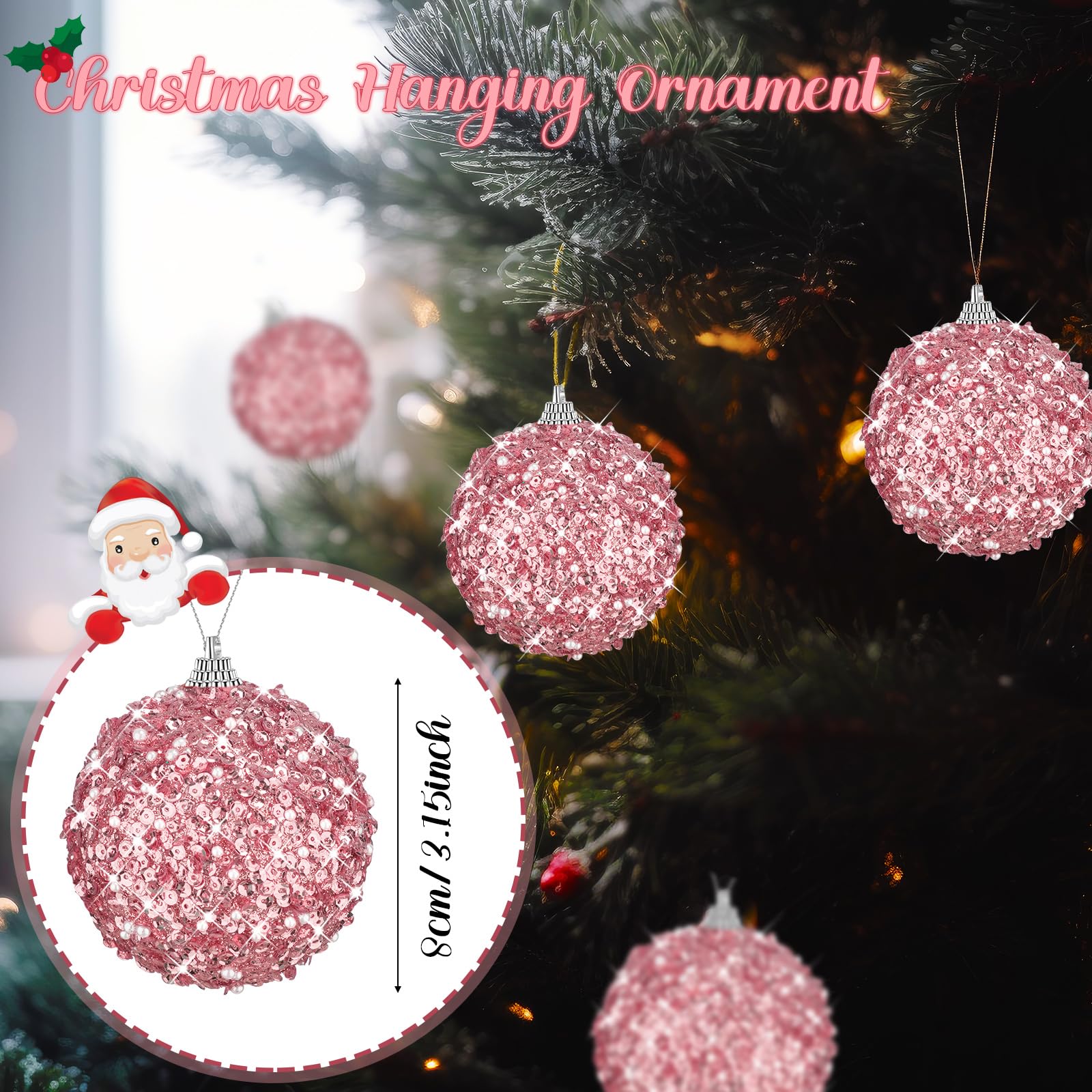 Liliful 24 adornos de bola de Navidad de 3.15 pulgadas con purpurina, decoraciones de árbol de Navidad, adornos colgantes grandes de Navidad para árbol de Navidad, boda, hogar, mesa, fiesta,