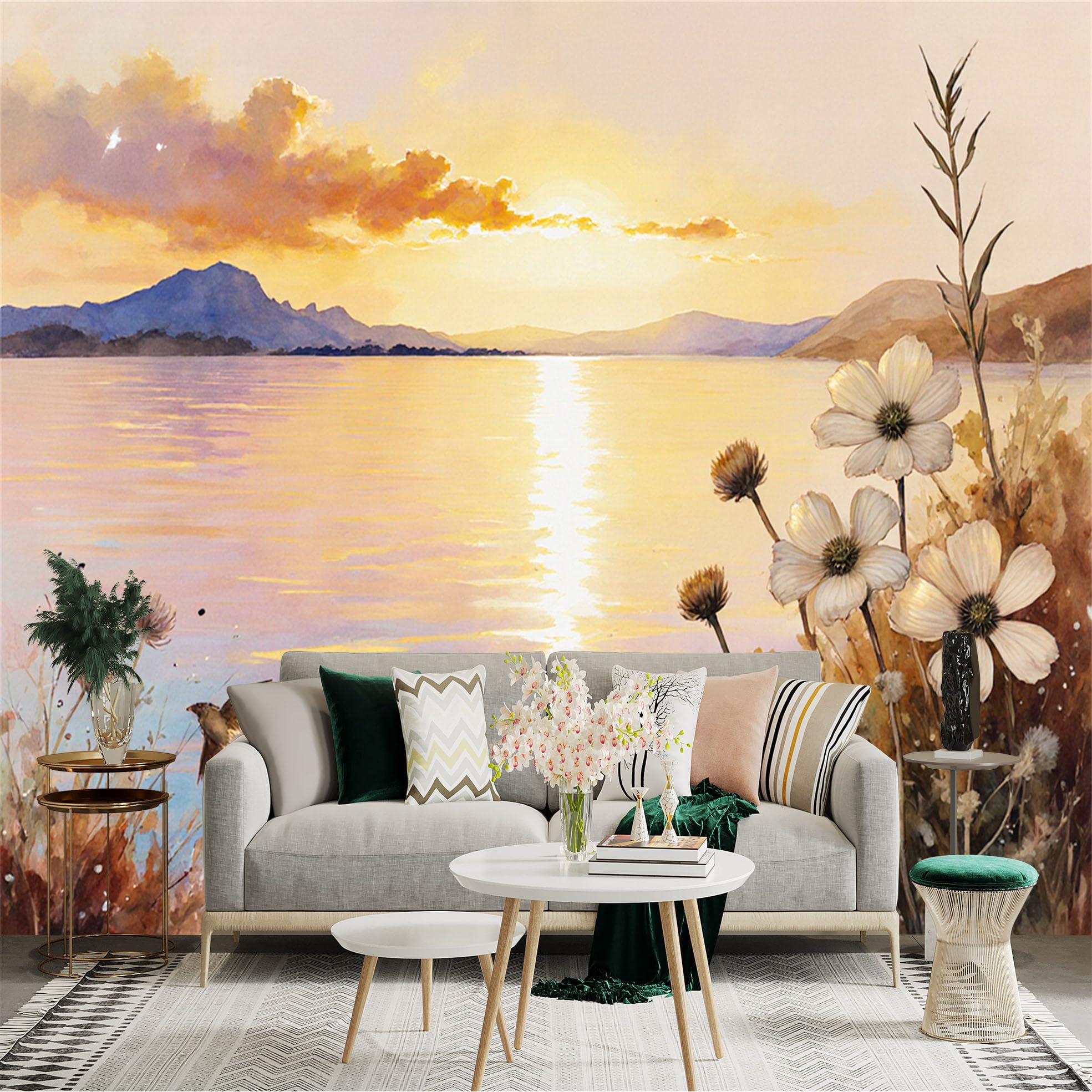 Custom Size Wall Sticker Mural， Sunset Lake with Mountains， Wildflowers and Bird， for wall Decoration， peelandstick wall Decals.