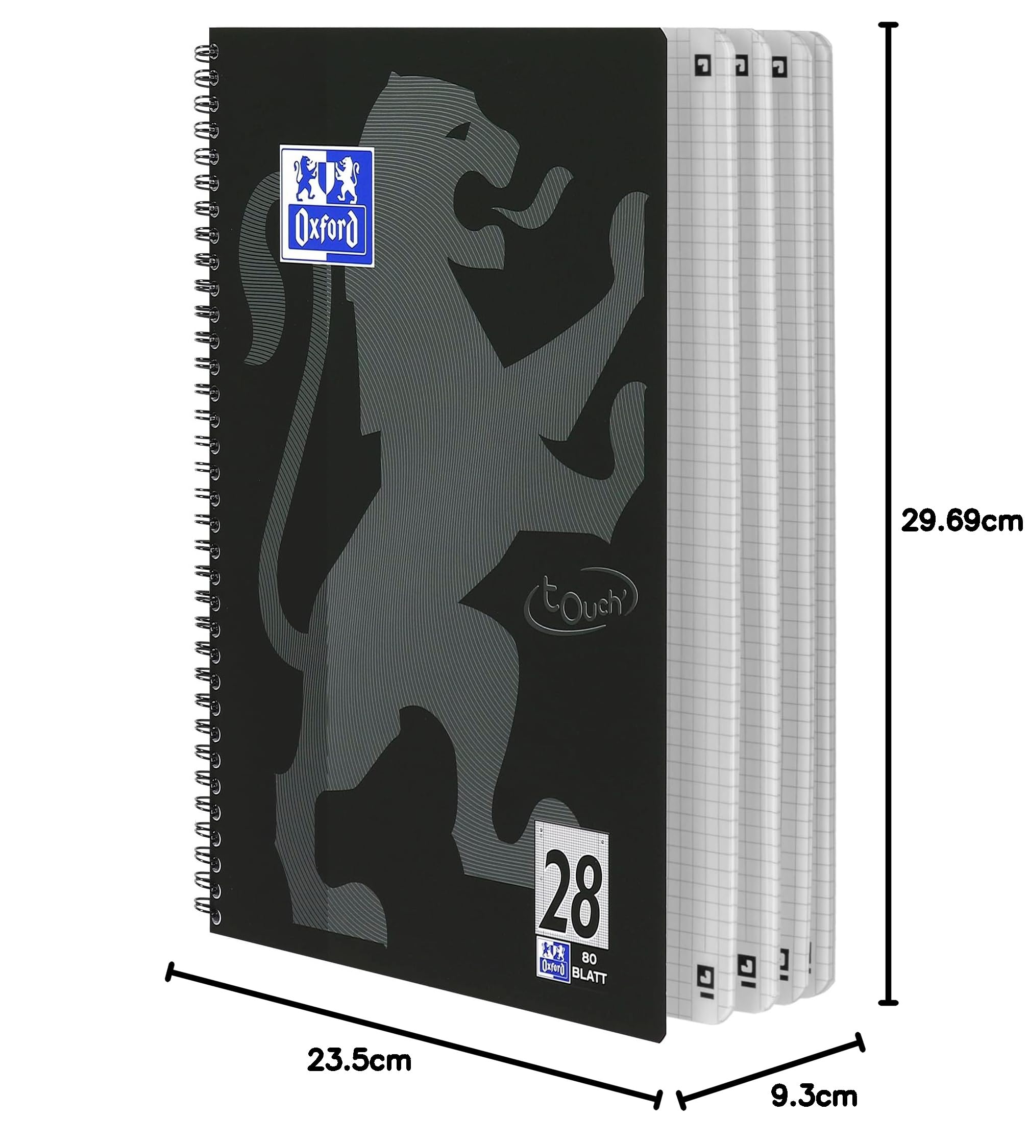 Oxford Touch Collegeblock A4 kariert mit Doppelrand, 80 Blatt, schwarz, 10 Stück
