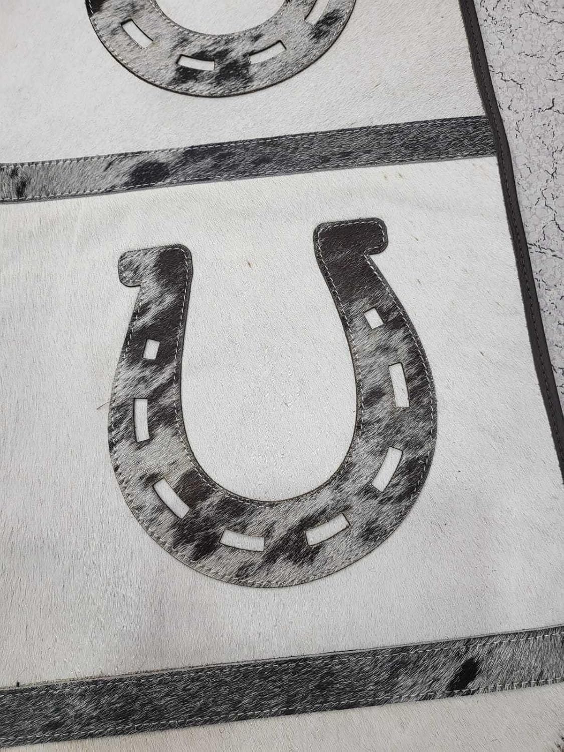 Real Cow Hide Leather Embroidered Table Runner 72 inches -Horse Shoe Cutout with Hand Tassels for Farmhouse Rustic Wedding Dinner Party Kitchen Dining Table Decoration (Brown/White_72"×12")