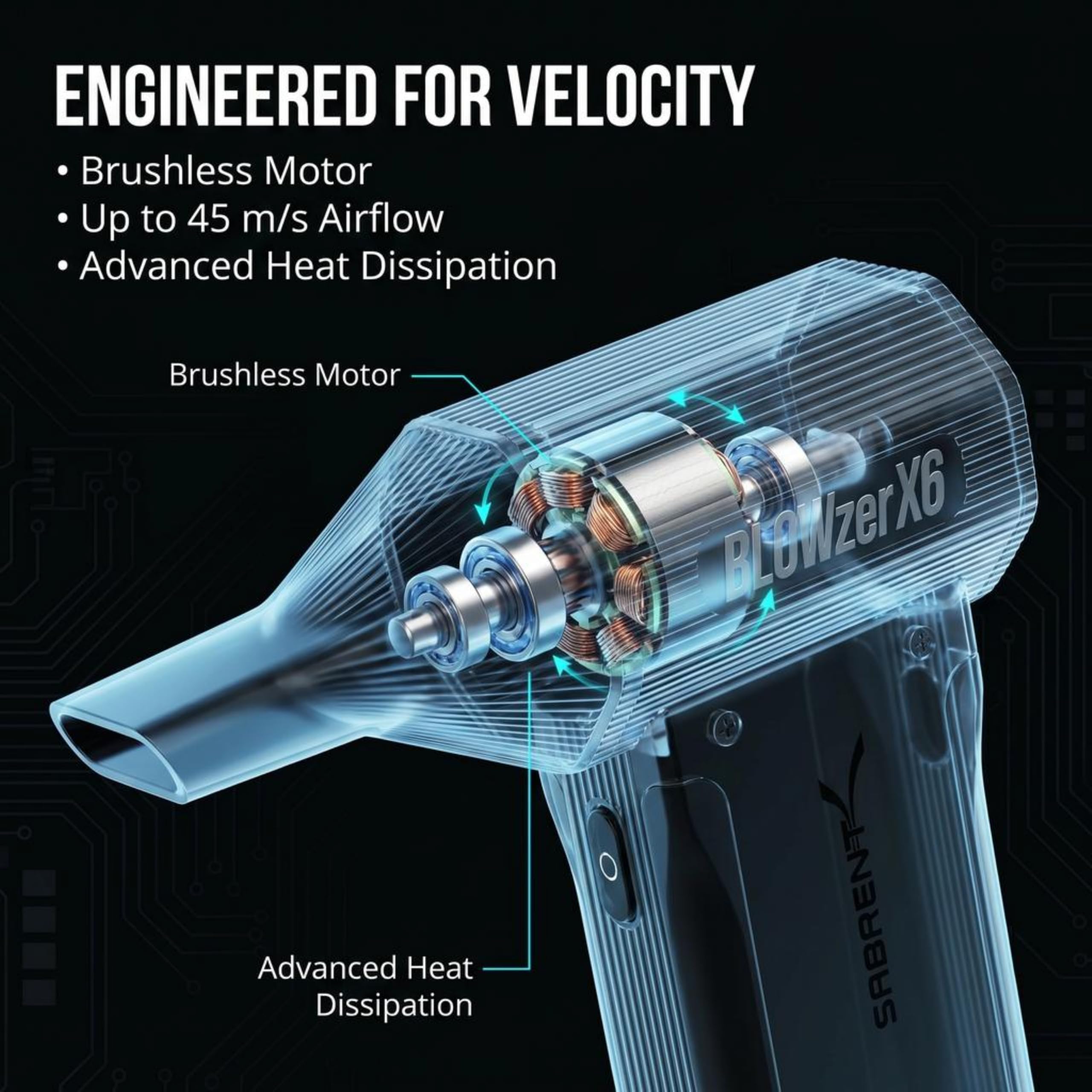 SABRENT Blowzer X6 Soplador de Aire Inalámbrico | 30.000 RPM, Soplador Aire Comprimido Eléctrico de Hasta 86 m/s para PC, Teclado y Automóvil, 100 Minutos Autonomía (TF-BZX6)