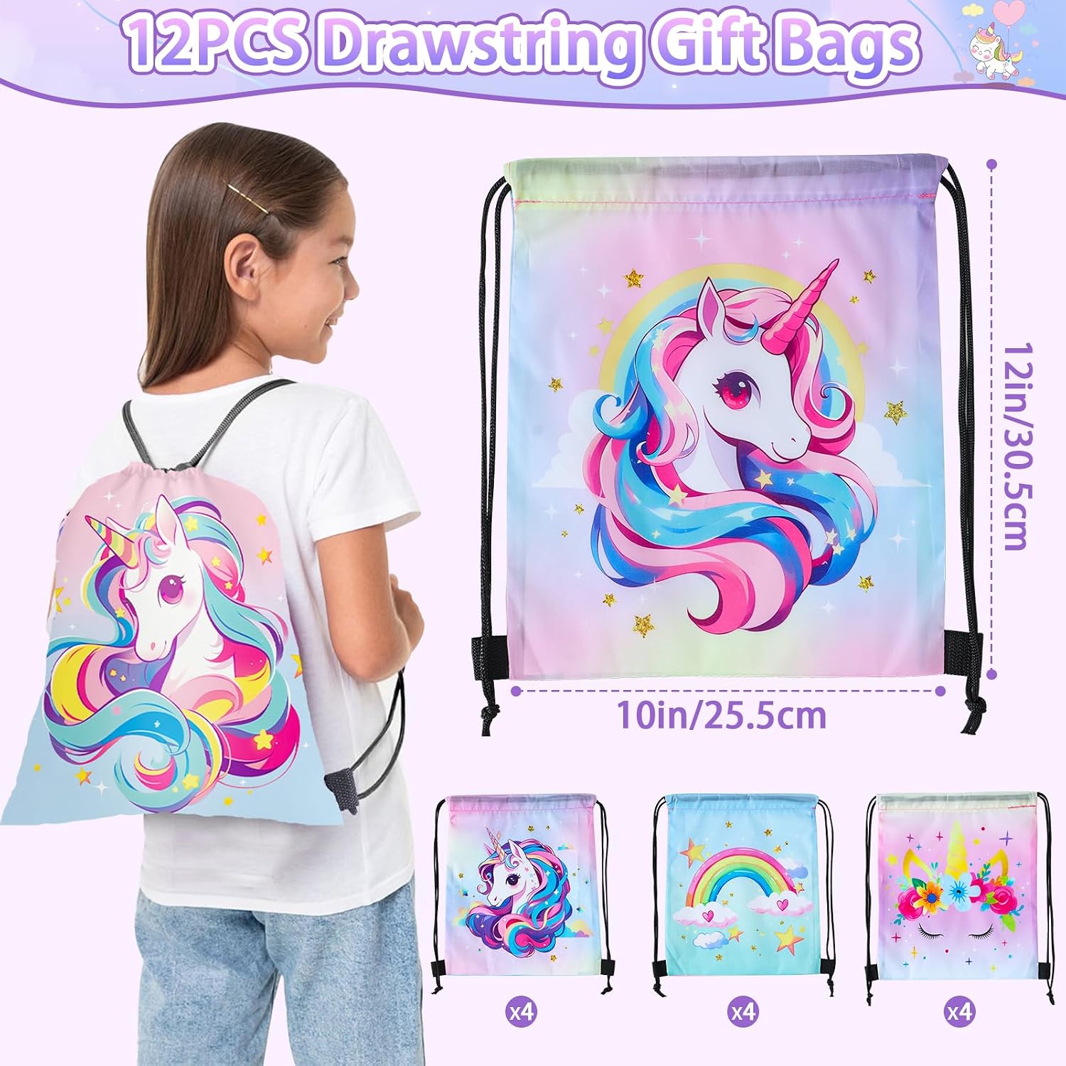 Condition photo showing New/Like New for snln 12 sets unicorn party favors birthday supplies for girls kid, drawstring bag silicone bracelet tattoo sticker keychain goodie bag stuffer filler unicorn birthday decorations girls party favors