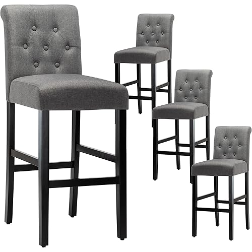 LSSBOUGHT 30 Inches Stylish Fabric Barstools with Solid Wood Legs and Button-Tufted Back,Set of 4 (Gray)