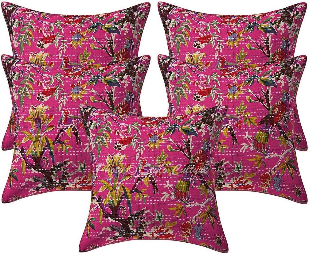 Ethnic Decorative Couch Sofa Toss Throw Pillow Cases 40x40 cm Cotton Bedroom Pink Bird Printed Kantha Square Luxury Envelope Bohemian 16x16 Inch Cushion Covers - 5 Pcs