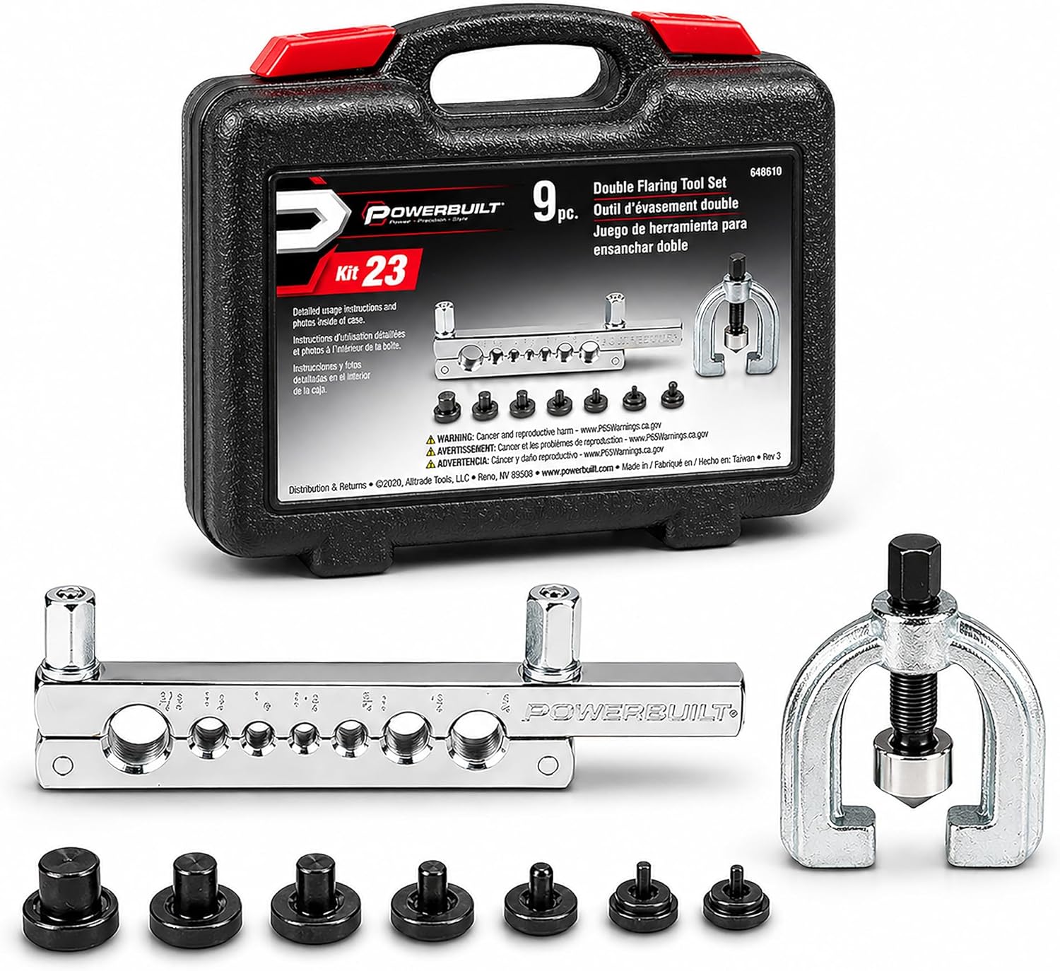 Powerbuilt ISO Bubble Flaring Tool Set for Hydraulic Brake Lines, 6 Piece Car Service Kit, Yoke, T-Handle, Adapters, Storage Case - 648990