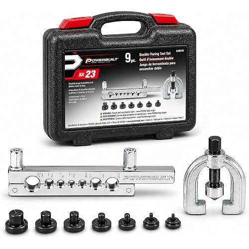 Powerbuilt 9 Piece Double Flaring Tool Set, Use on Copper, Aluminum, Soft Steel Brake Line and Brass Tubing, Storage Case - 648610