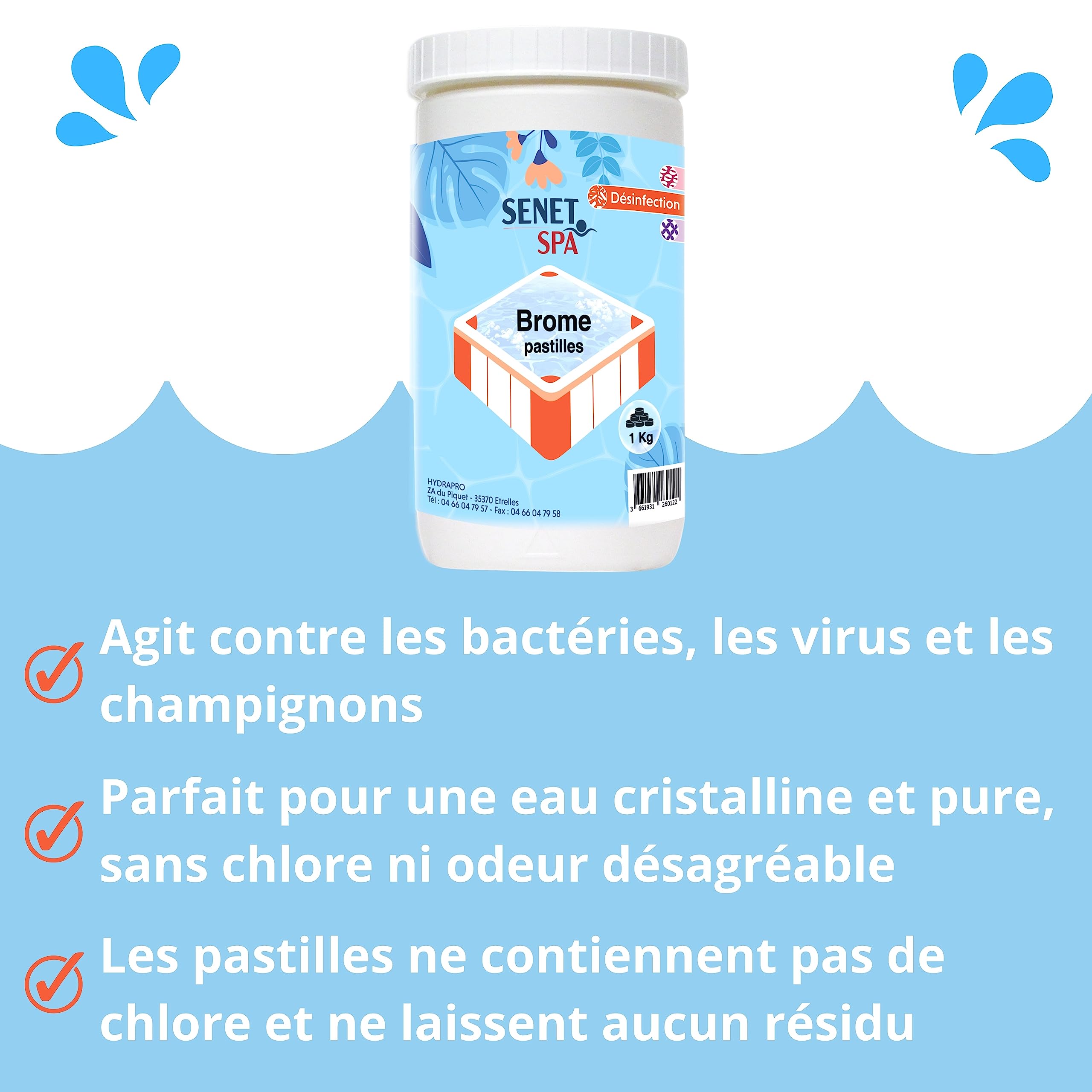 Brome Spa et Piscine, Entretien et Désinfection de l’Eau/Elimine Les impuretés de l’Eau - Dissolution très Lente - Pastilles de Brome de 20g, Pot de 1kg