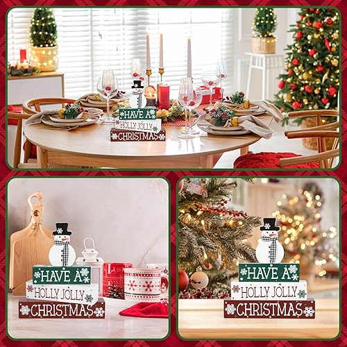 Miniatura 6 de 4 piezas de decoración de Navidad para interiores de madera con muñeco de nieve para decoración de mesa de centros de mesa de Navidad Feliz Navidad,