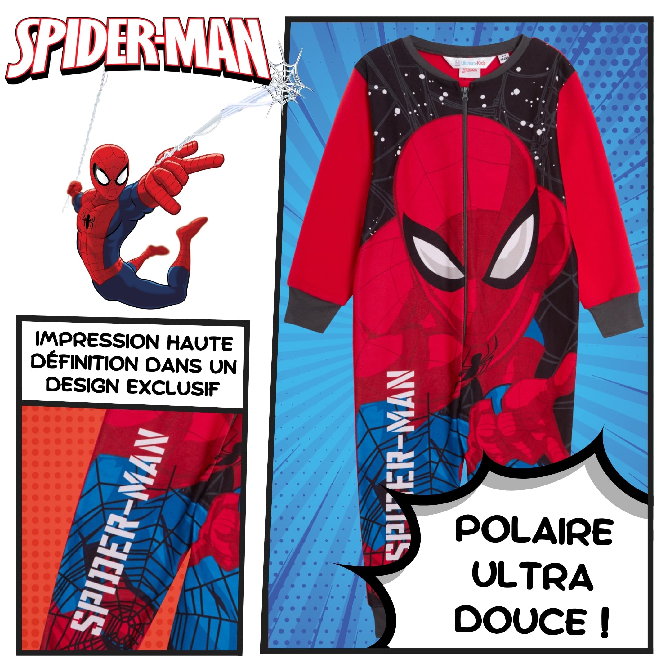 Marvel Le Pyjama Officiel Spiderman pour garçons, en Polaire, Tout-en-Un, Pyjamas pour Enfants, PJs, avec Fermeture éclair, vêtements de détente