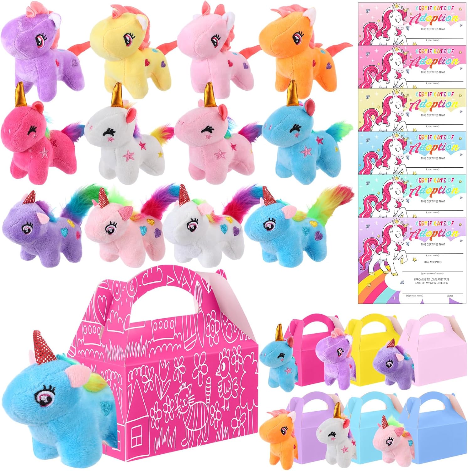 24 Set Unicorn Party Favor Bulk Toys Bulk Mini Plush Unicorn Stuffed Animals, Adoption Certificate and Goodie Gable Treat Boxes for Birthday Wedding Goodie Bag Stuffer Party