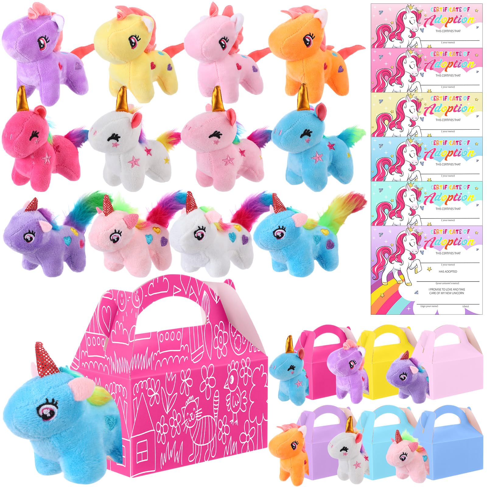 Photo 1 of JellyArch 24 Set Unicorn Party Favor Bulk Toys Bulk Mini Plush Unicorn Stuffed Animals, Adoption Certificate and Goodie Gable Treat Boxes for Birthday Wedding Goodie Bag Stuffer Party