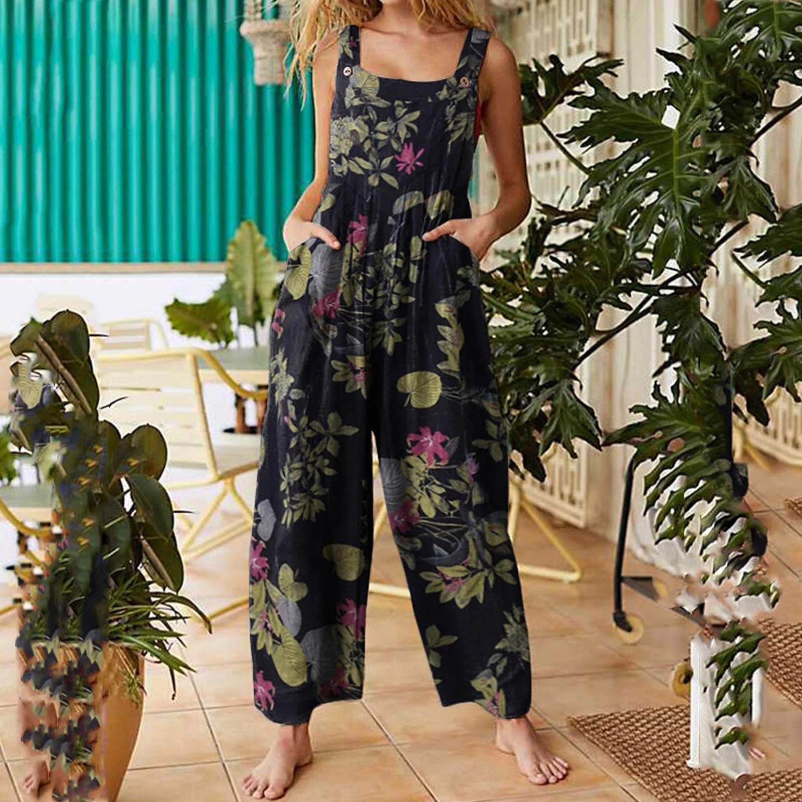 Carolilly Combinaison d'Été sans Manche pour Femme Pantalon Salopette Imprimée avec Poches Jumpsuit Chic et Élégant