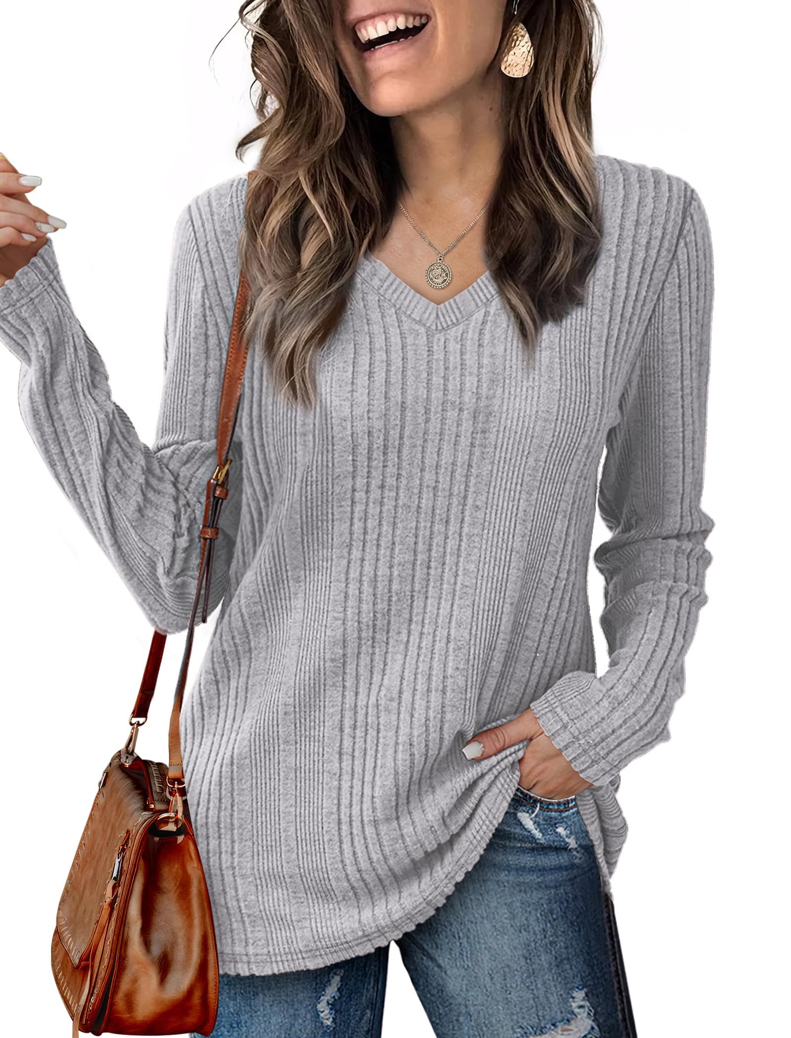 GLEENOD Pullover Damen V-Ausschnitt Sweatshirt Langarm Leichtes Einfarbiges Oberteil Winter Frühling