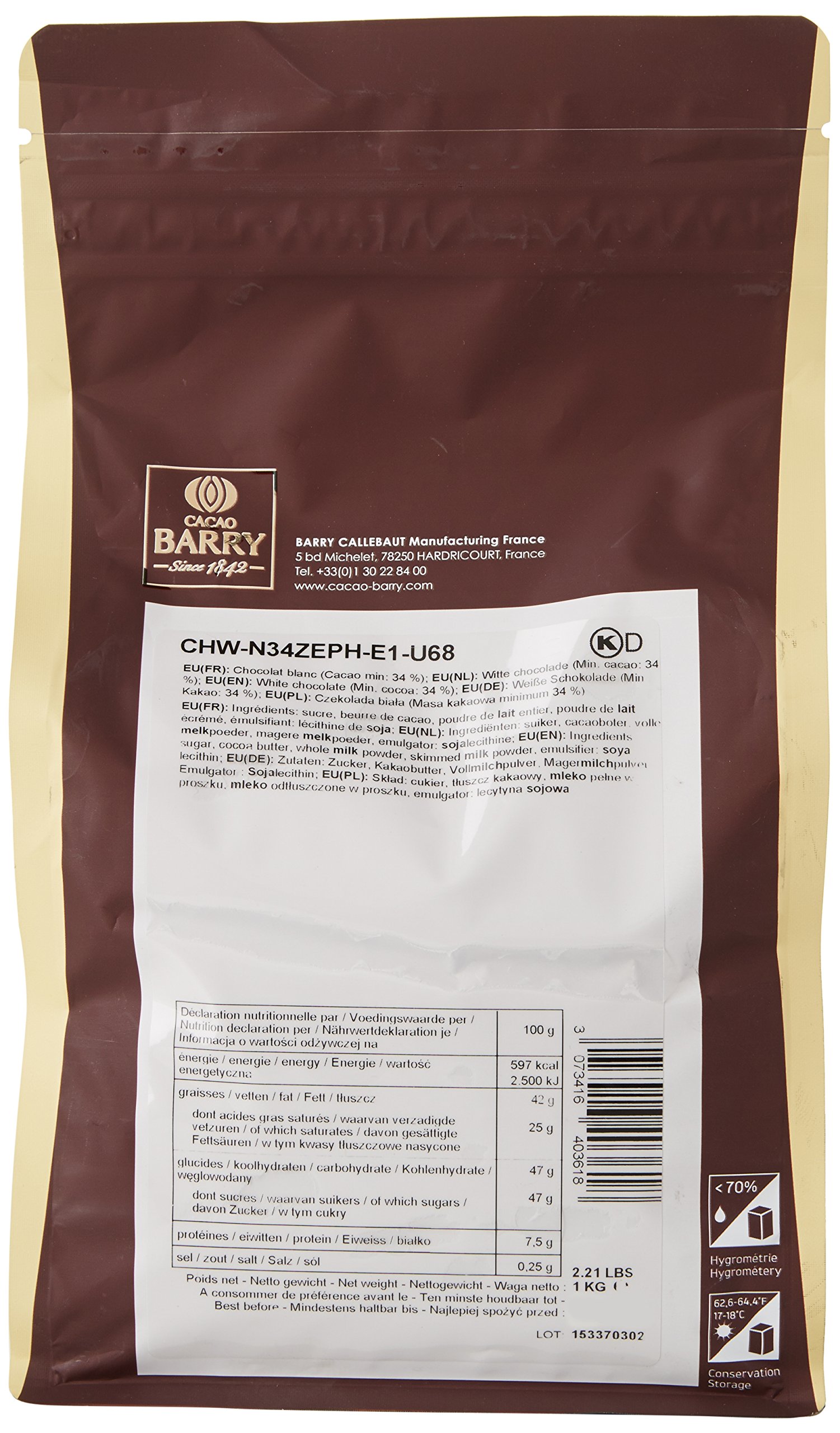 CACAO BARRY 34% Min Cacao Chocolat Zéphyr Pistoles 1 kg