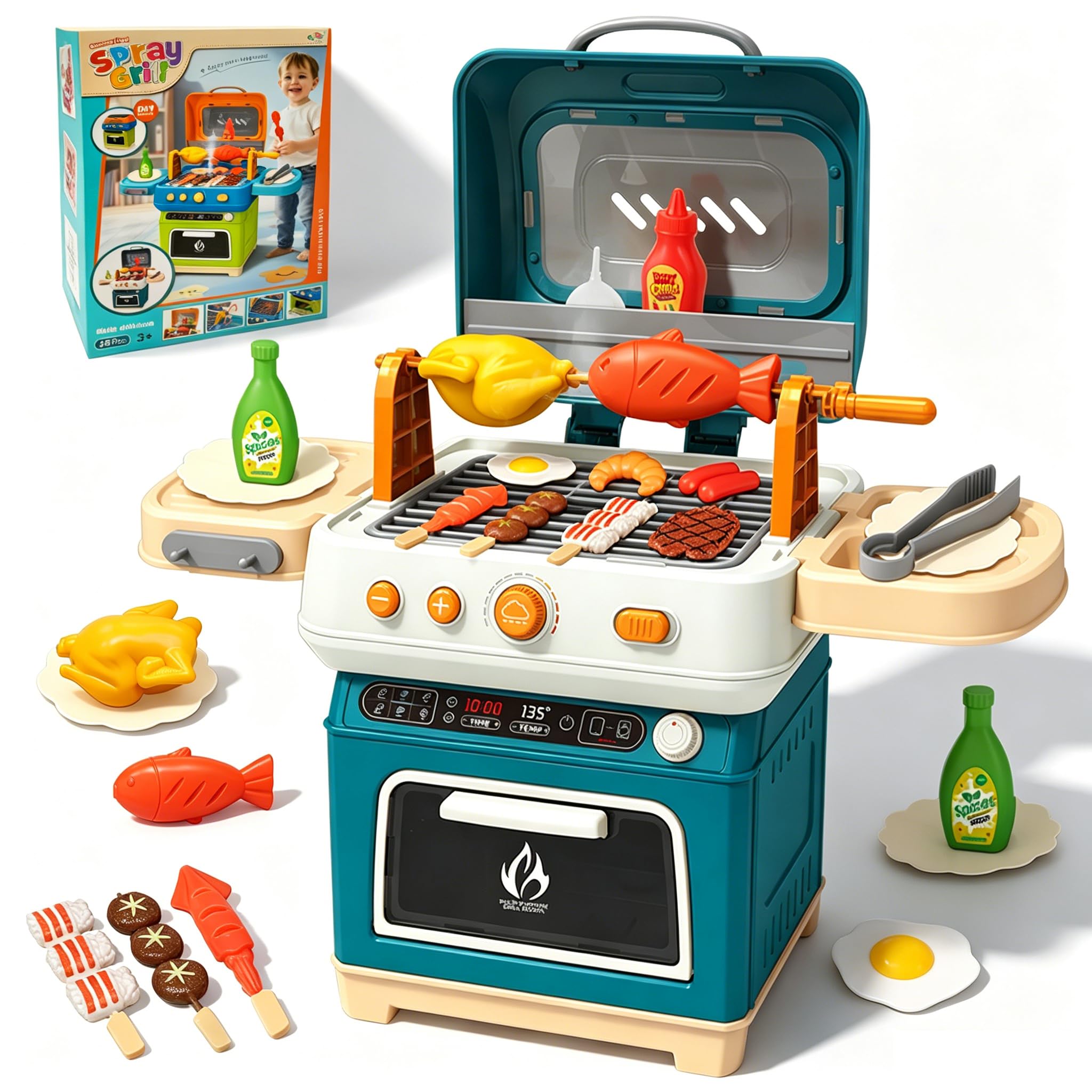 Set di giocattoli per barbecue per bambini con rumori di fumo e luce, accessori da cucina, barbecue interattivo per bambini dai 3 agli 8 anni (BLUA)