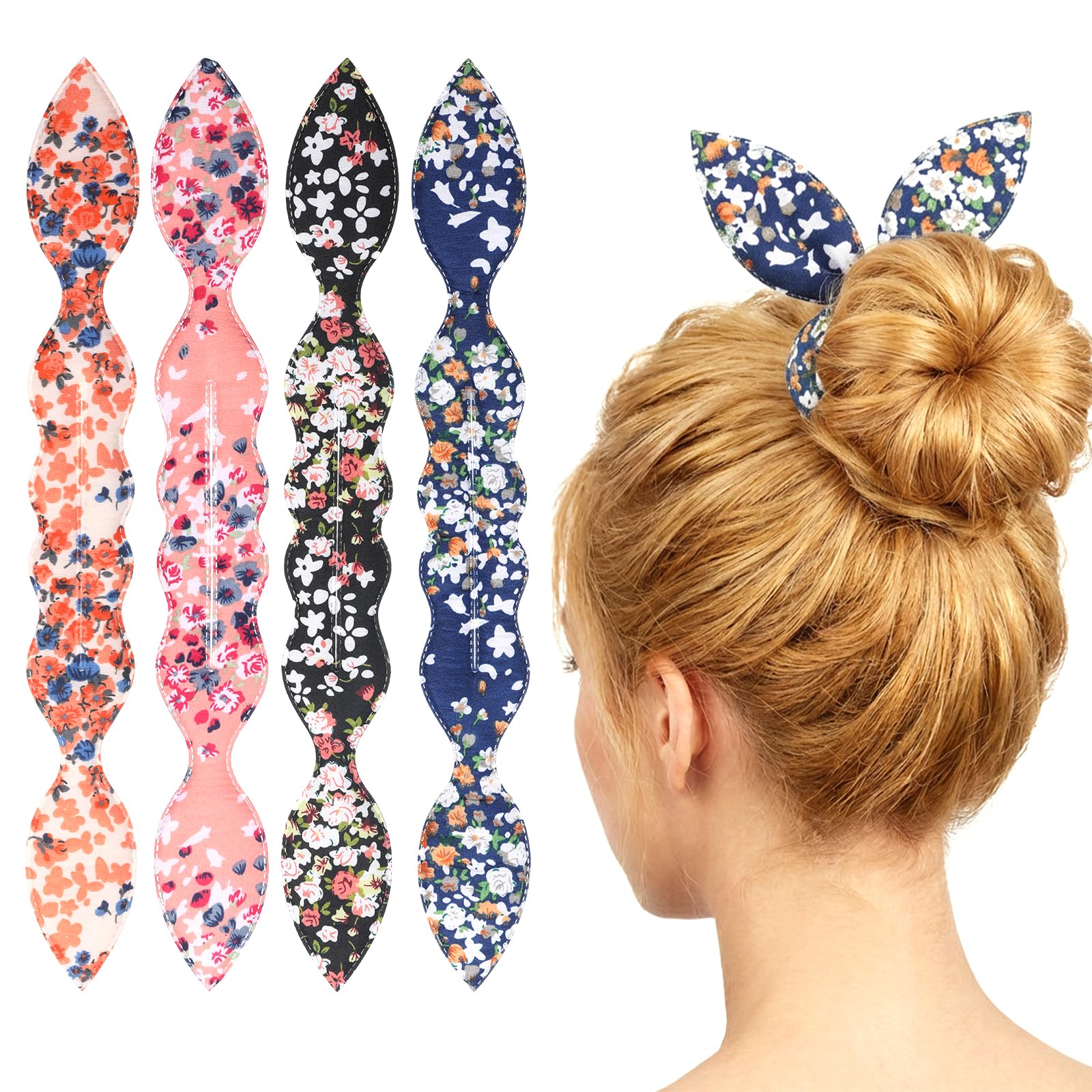 4 Pcs Hair Bun Maker French Twist Shaper Snap Roll Sponge Curler Clips Rabbit Ear Foam Sponge Hair Styling Accessories Flower Donut Hairs Bun Makers for Ballet Long Curly Straight Wavy Women