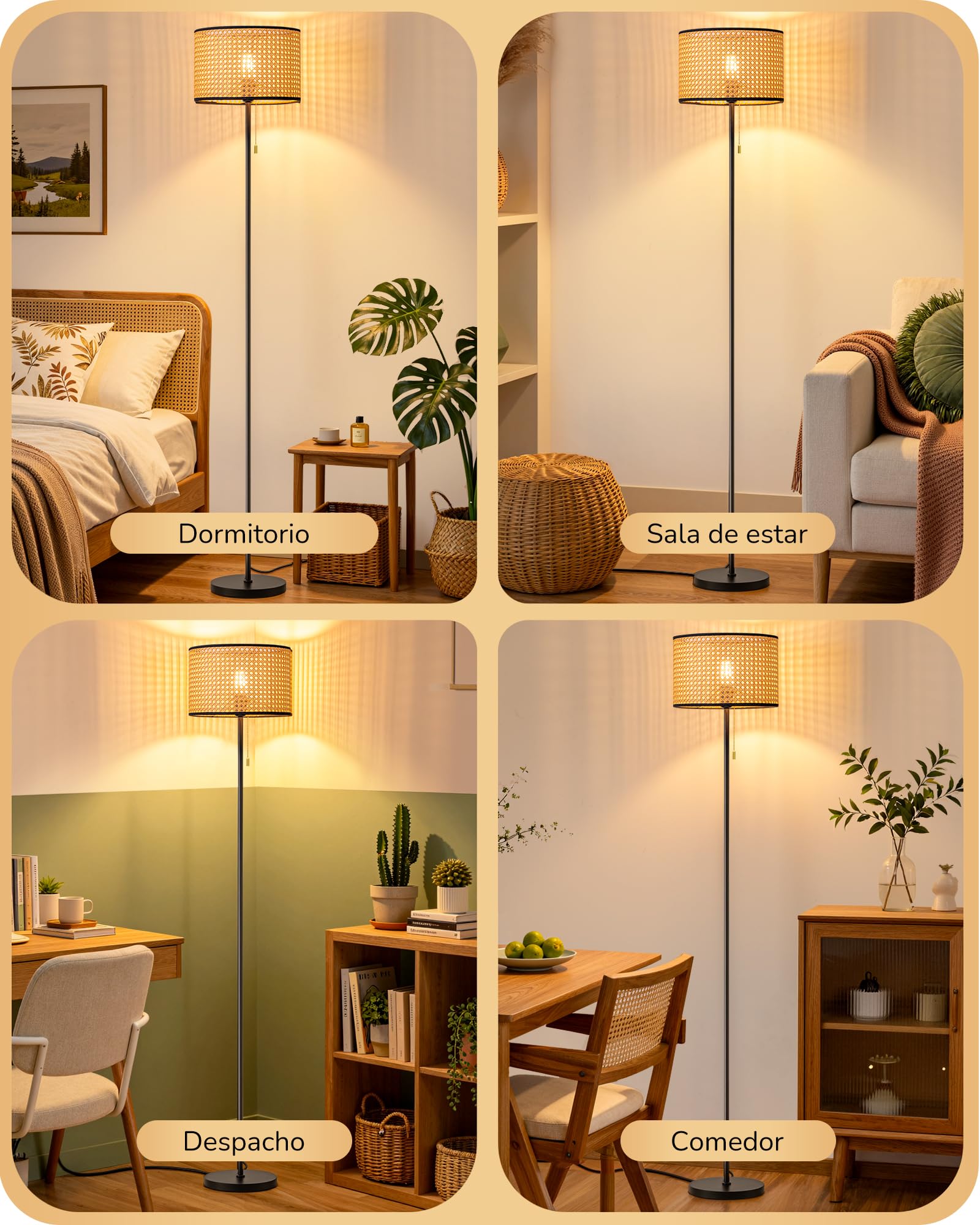 EDISHINE Lámpara de Pie para Salón, Lámpara Moderna Negra con Pantalla de Ratán e Interruptor de Cadena, Casquillo E27 con Bombilla LED Incluida, 2700K Blanco Cálido para Dormitorio, Pasillo