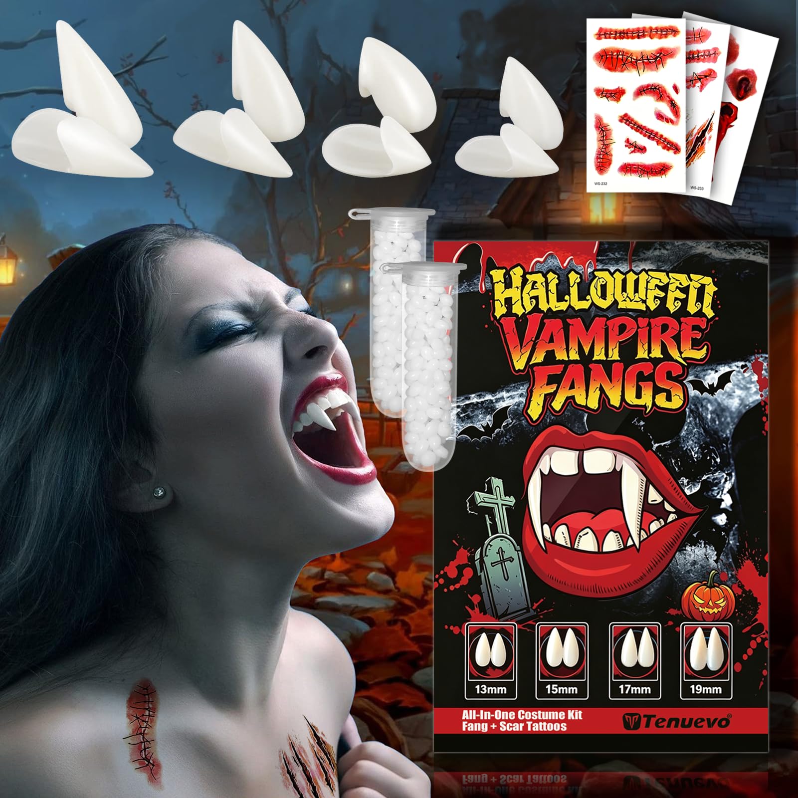 Tenuevo Vampire Fangs kit, 4 Sizes Vampire Teeth with 3 Sheets Scar Temporary Tattoos, Fake Fangs Teeth with 2 Tube Dental Moulding Resin Pellets for Halloween Costume Accessories Party Prop Favors