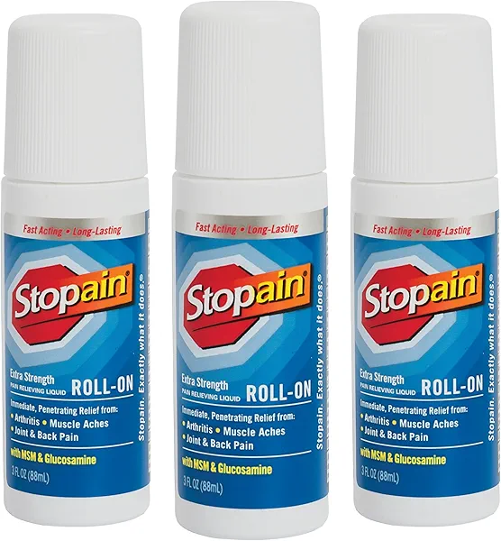 Stopain Pain Relief Roll On Gel 3oz (3 Pack) USA Made, Max Strength Fast Acting with MSM, Glucosamine, Menthol for Lower Back, Knee, Neck, HSA FSA Approved Topical Analgesic Products
