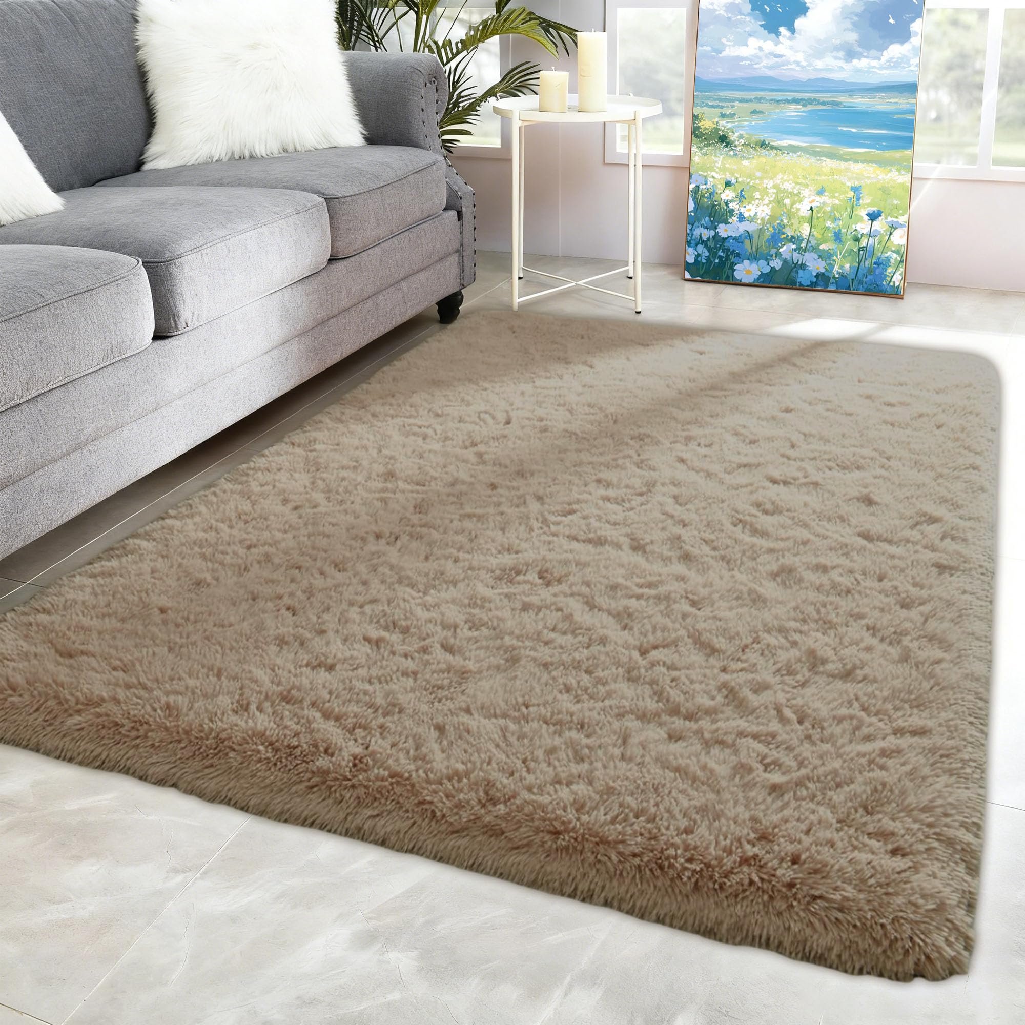 Tapis de Salon 240 x 260 cm Lavable Soft Fluffy Area Rugs Tapis Lavable, Antidérapant, Extra Large, Pelucheux et Moderne, pour Salon Chambre Filles Enfants, Chameau