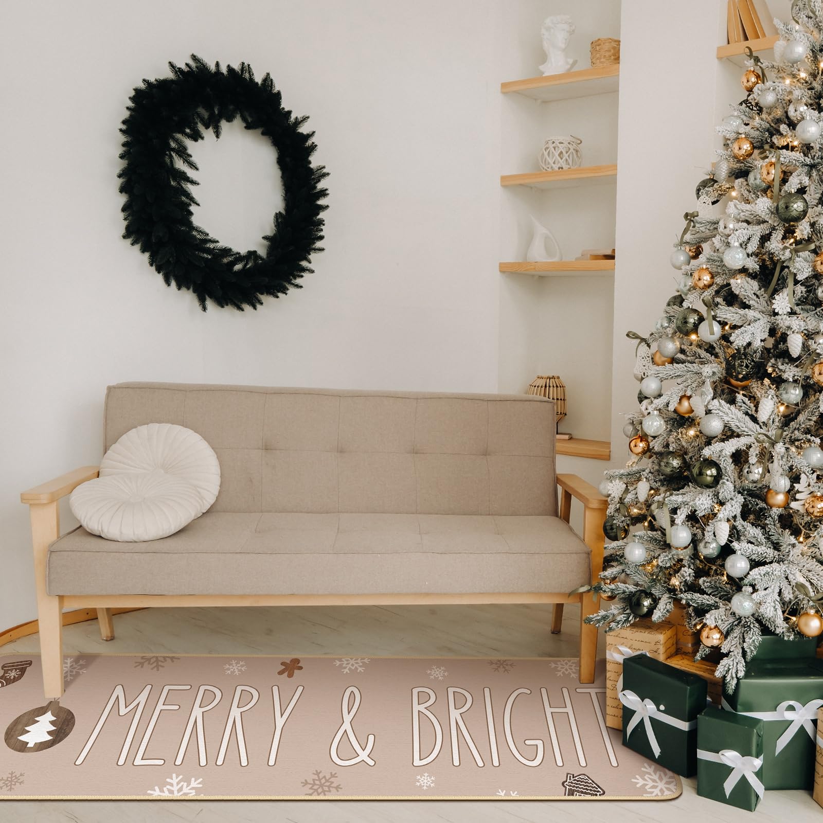 Tinideya Küchenteppich, Motiv: Frohe Weihnachten, Holzbaum, Schneeflocken, Urlaub, Winter, Vintage, neutrale Weihnachtsdekoration, Innen-Bodenmatte für Küche, Badezimmer, Heimdekoration, 3 Stück