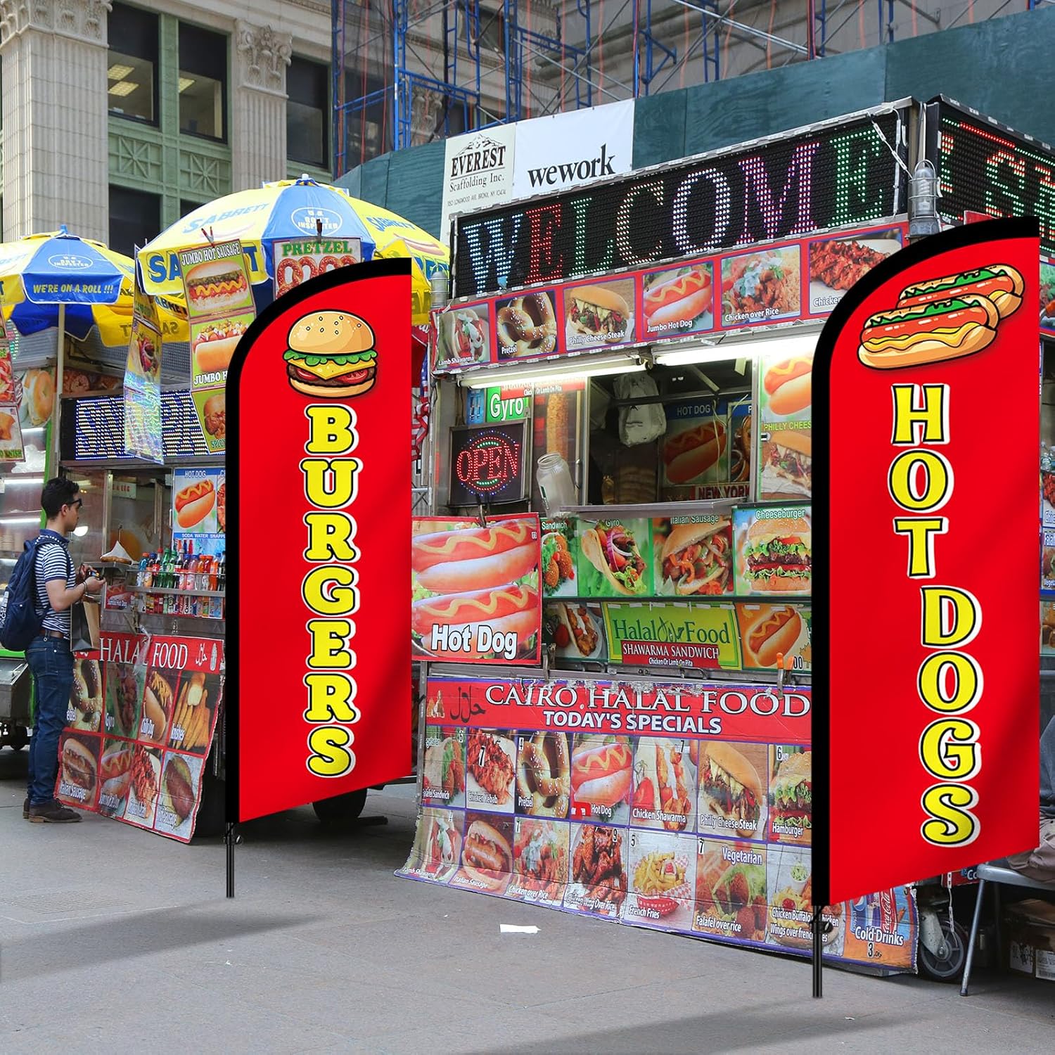 HunnmingRe 2 Set Hot Dogs Banner and Burgers Feather Flag Pole Kits, Advertising Swooper Flag with Pole and Ground Stake for Business, Restaurant, Outside Ground(7 ft)